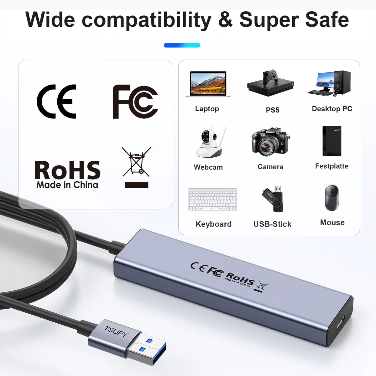 TSUPY Koncentrator USB 3.0 - Aluminiowy Hub Z 4 Portami, Przedłużacz 120 cm, Rozdzielacz 5 Gb/s Do MacBooka, iMaca, Surface Pro, XPS, Notebooka, Pamięci i Więcej