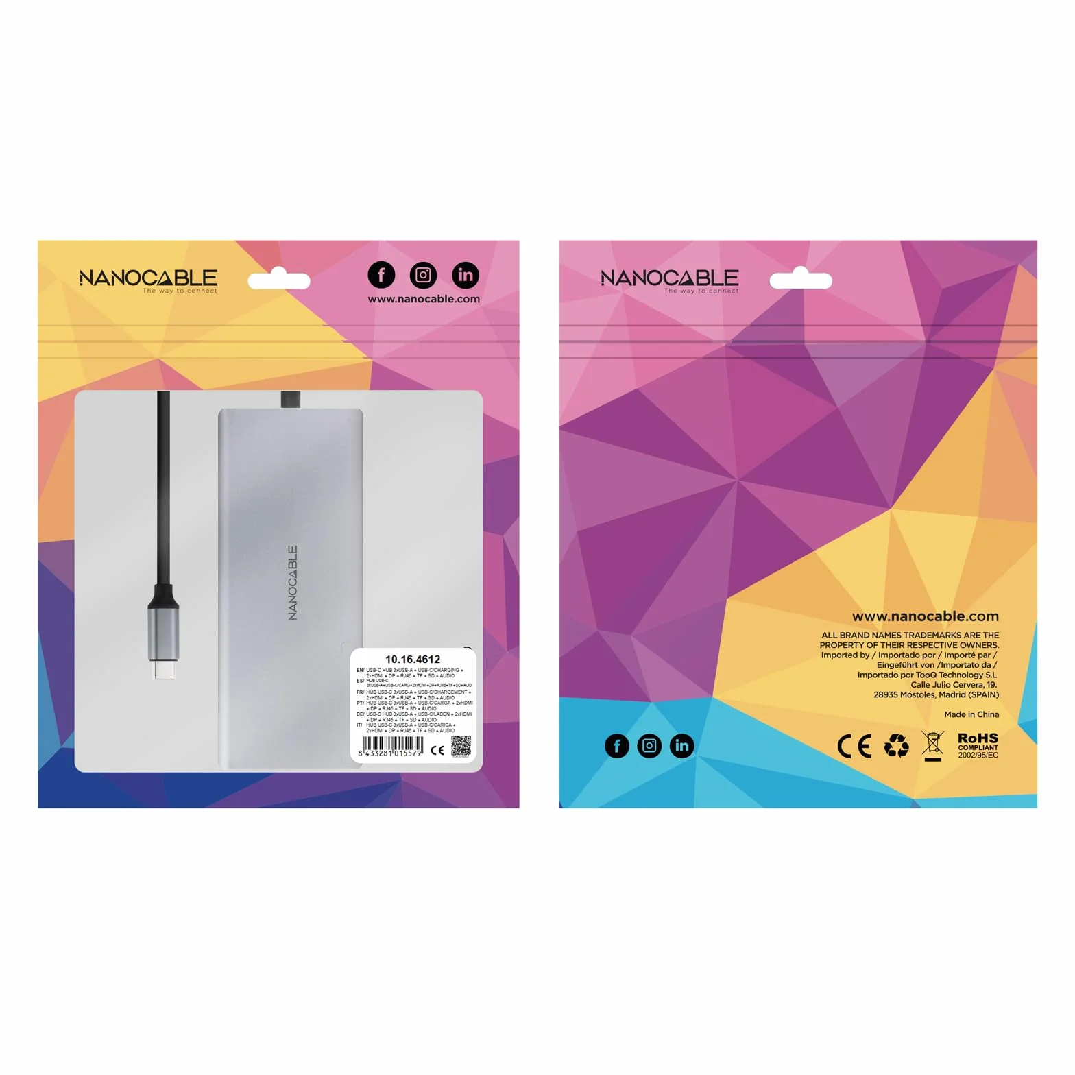 NANOCABLE 10.16.4612, koncentrator USB-C 12 w 1, konwerter USB-C 3.1 na 3 x USB-A 3.2 + USB-C 3.2 + USB-C PD + 2 x HDMI 4K @ 60 Hz + DP 4K przy 60 Hz + RJ45 1 Gb/s, TF, SD + Audio Jack 3.3.2 5