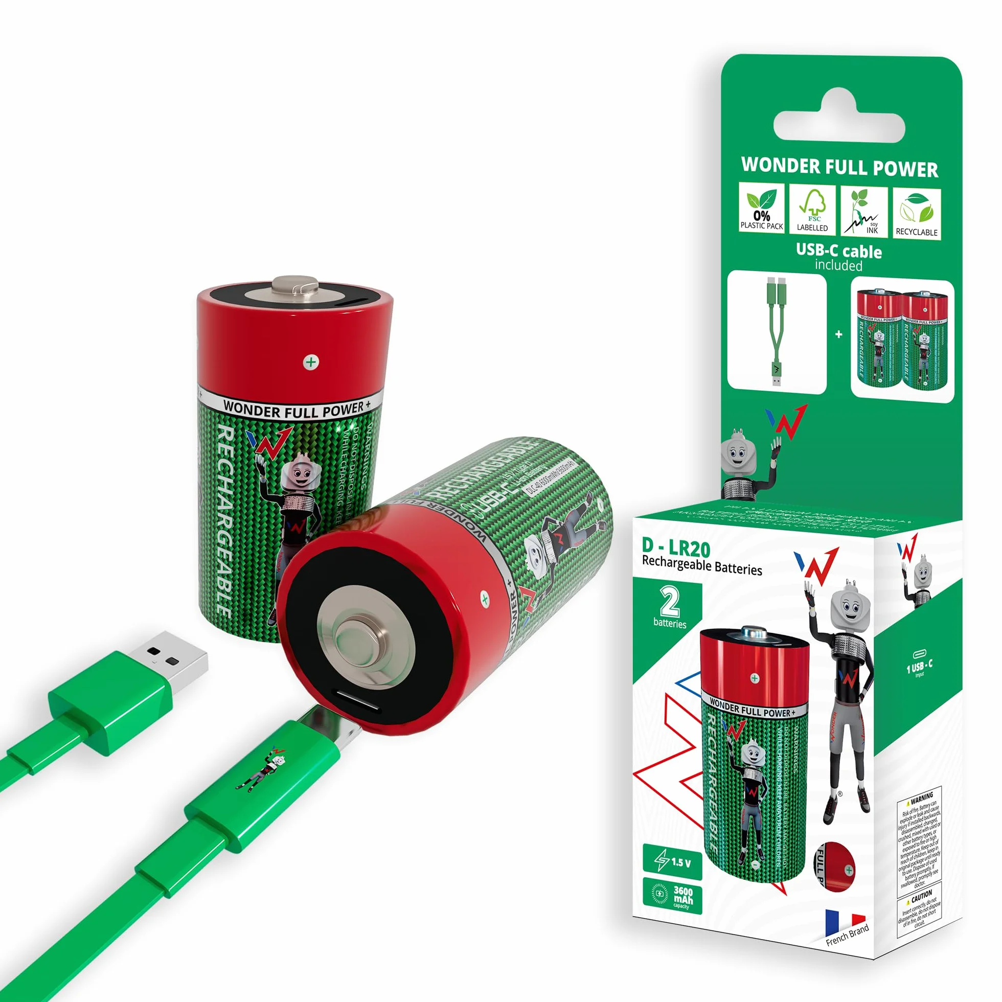 Wonder Full Energy - Baterie D / LR20 - Do ładowania przez USB-C - Kabel USB-C w zestawie - Długotrwały - 1,5V, 6000mWh, 3600mAh - 2 baterie