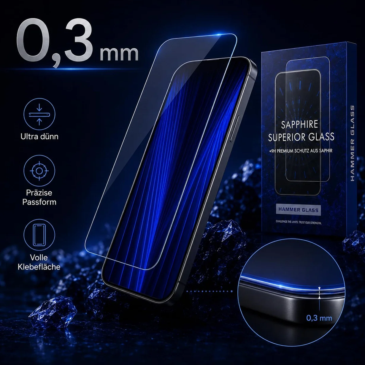 Hammer Glass 100% szafirowe szkło młotkowe do iPhone 16e, szkło pancerne, twardość ponad 9H 9H + szkło ochronne na wyświetlacz z szafiru 6,1", łatwe narzędzie instalacyjne, ultra przezroczyste i