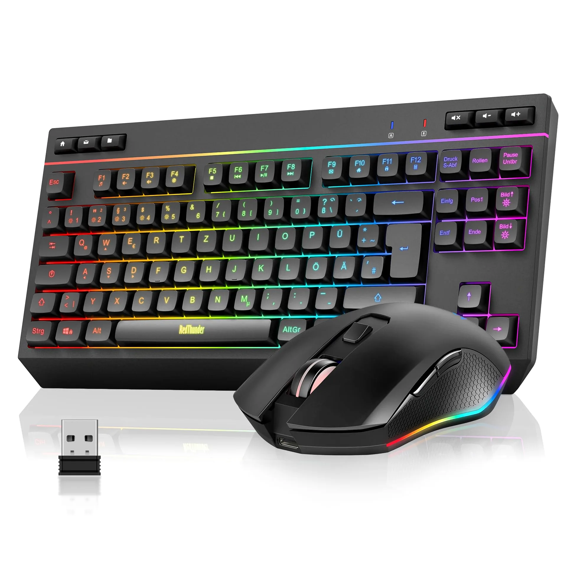 RedThunder Zestaw 75% bezprzewodowej klawiatury i myszy, QWERTZ 94 klawisze TKL, RGB, ładowalna klawiatura radiowa z klawiszami funkcyjnymi multimedialnymi, mysz optyczna 7D do PC Xbox PS5, biura