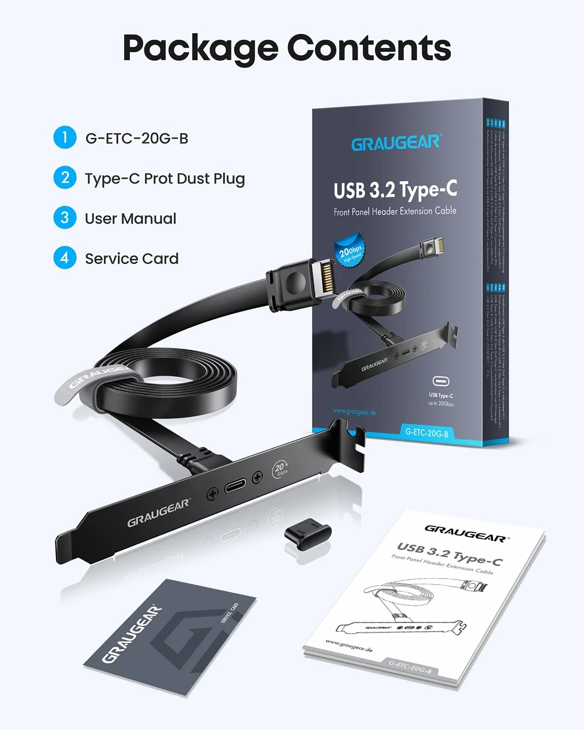 GRAUGEAR 20 Gbit/s USB-C rozszerzenie gniazda PCI, adapter A-Key na USB C, USB 3.2 Gen2 x 2 20 Gbps, 20 pin USB-e Header, czarny