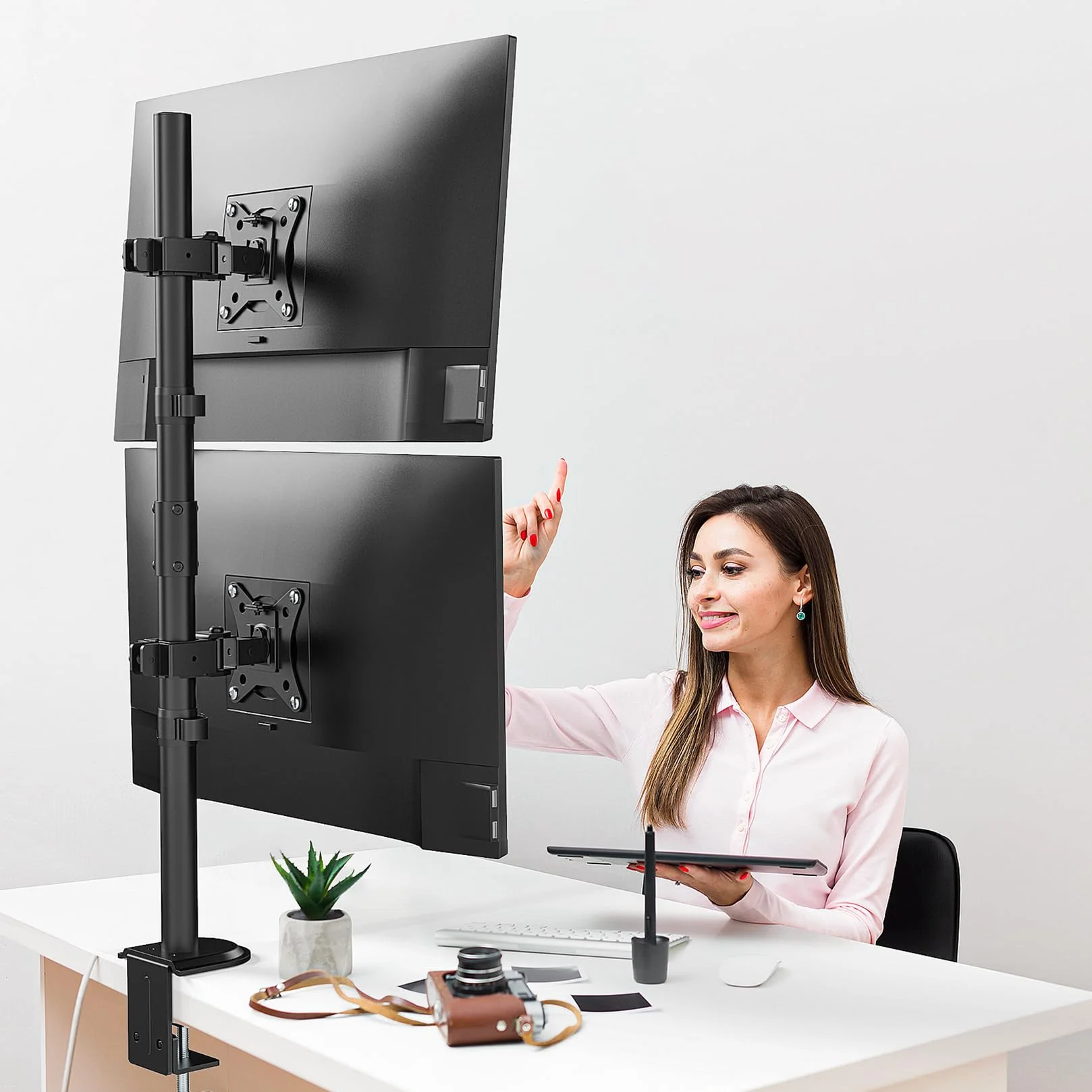 PUTORSEN Podwójny stojak na monitor, bardzo wysoki, 80 cm, pionowy uchwyt na monitor do monitorów 17-32 cali do 9 kg z obrotowym obrotem nachylenia, VESA 75 x 75-100 x 100 mm, PTMA66-L