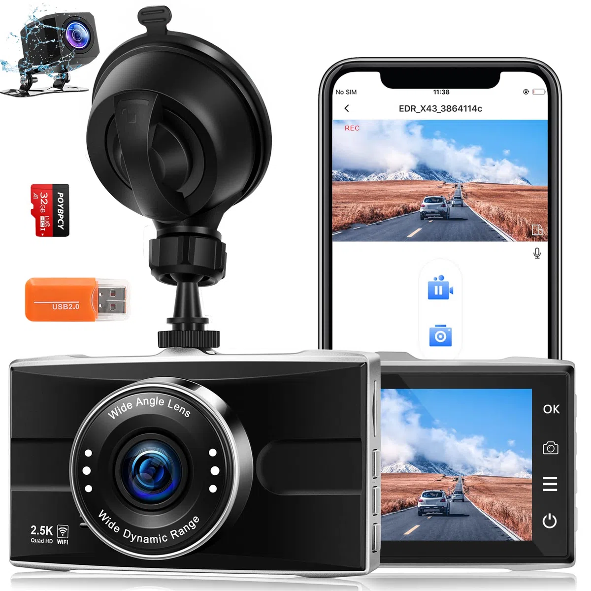 Kamera samochodowa 2.5K przednia i tylna 1440P+1080P FHD WiFi dual dashcam do samochodów z obsługą aplikacji z kartą SD 32GB, metalowa obudowa, super noktowizor, WDR, czujnik G, nagrywanie w pętli