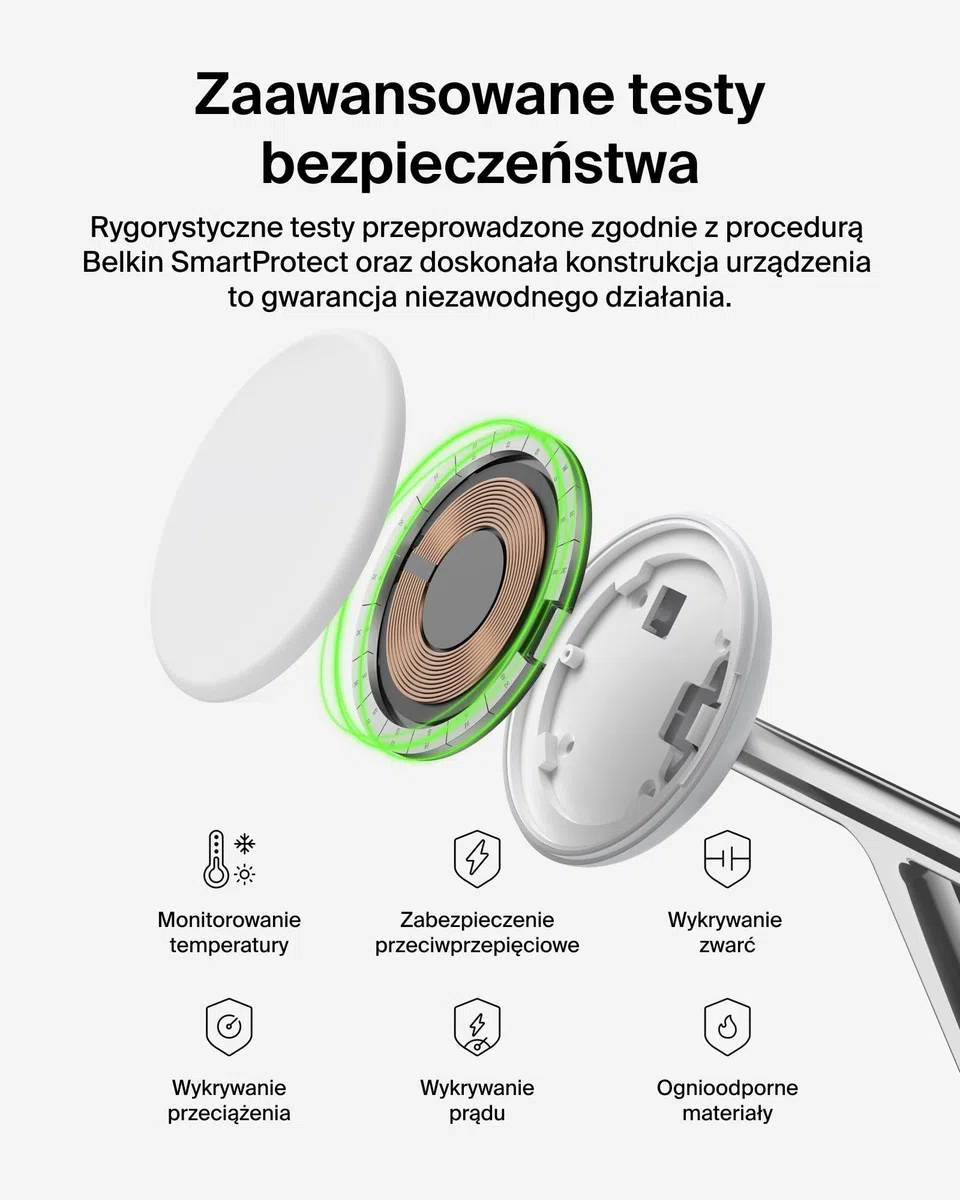 Belkin UltraCharge Bezprzewodowa Stacja Ładująca 3 w 1 z Qi2, 25 W – Biała | Zgodna z MagSafe Ładowarka do Urządzeń iPhone, Apple Watch i Słuchawek, Certyfikat Qi2.2, z Kablem USB-C i Zasilaczem 45 W