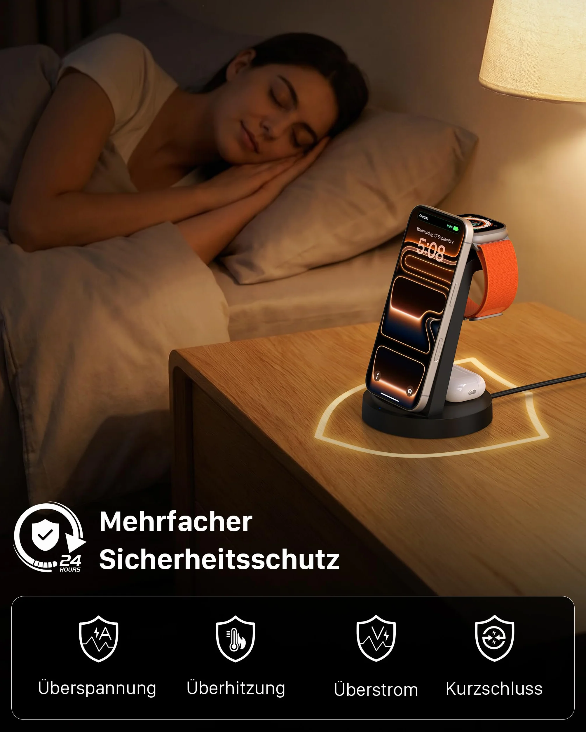 Bezprzewodowa ładowarka Stacja ładująca kompatybilna z Phone 17 Air 16e 16 15 14 13 12 11 X Pro Max & Ładowarki indukcyjne iWatch 11-2 z Pods 4 3 2 Pro z 18W Fast adapterem (Czarny)