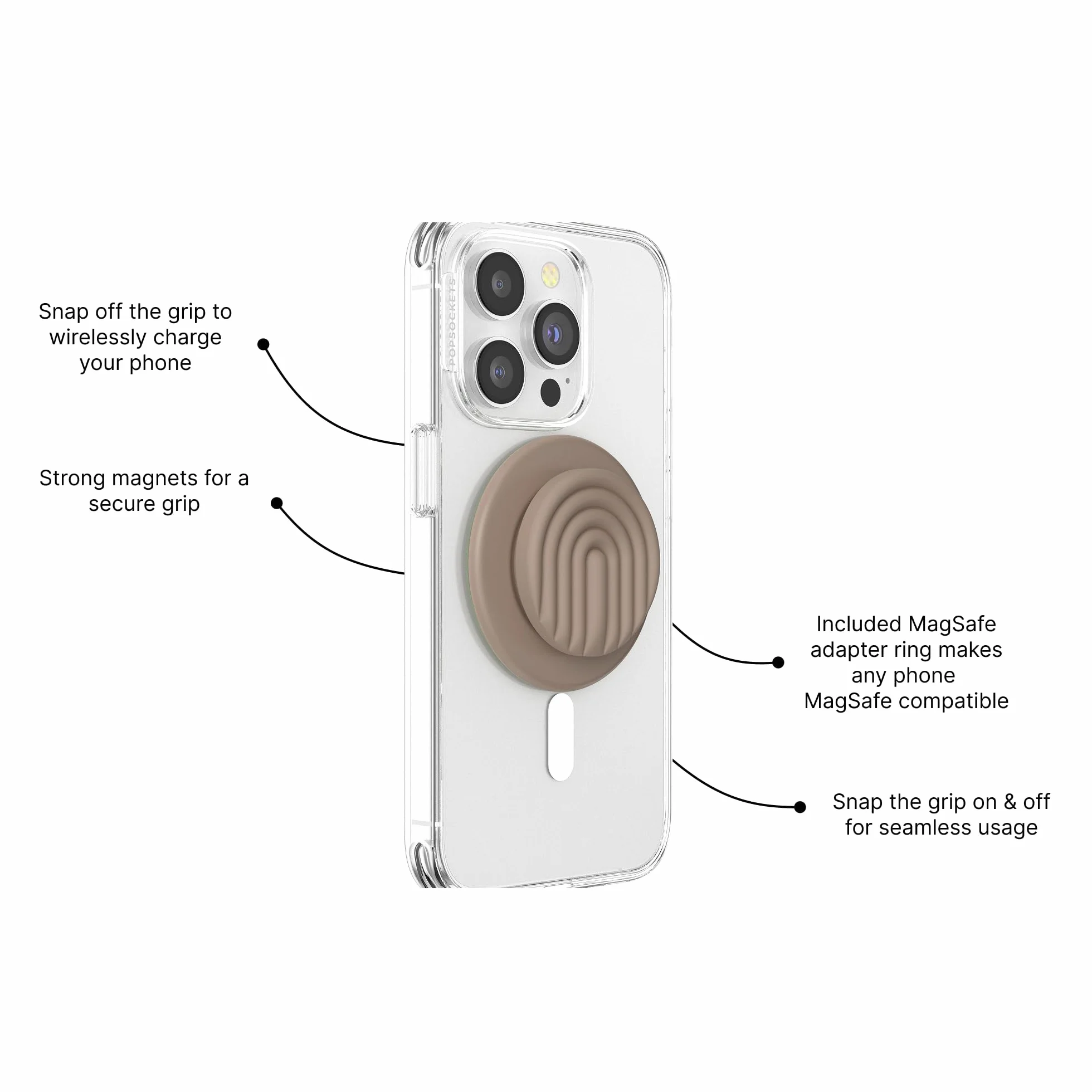 PopSockets Okrągły uchwyt do telefonu kompatybilny z MagSafe, w zestawie pierścień adaptera, uchwyt na telefon, kompatybilny z bezprzewodowym ładowaniem - Latte