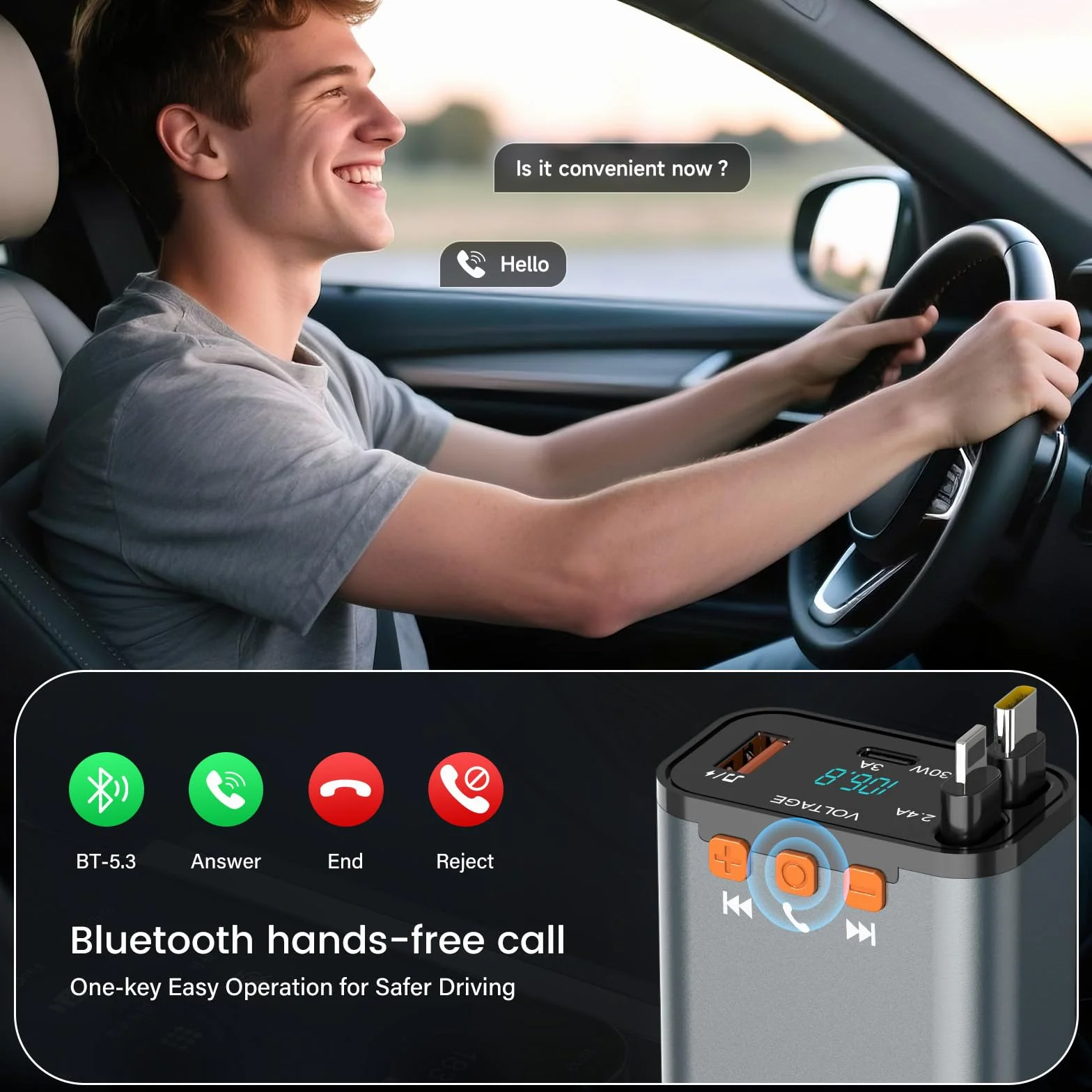 SEANCHEER Adapter Bluetooth do samochodu i zapalniczki samochodowej USB C, 69 W, ładowarka samochodowa z 2 zwijanymi kablami, transmiter FM