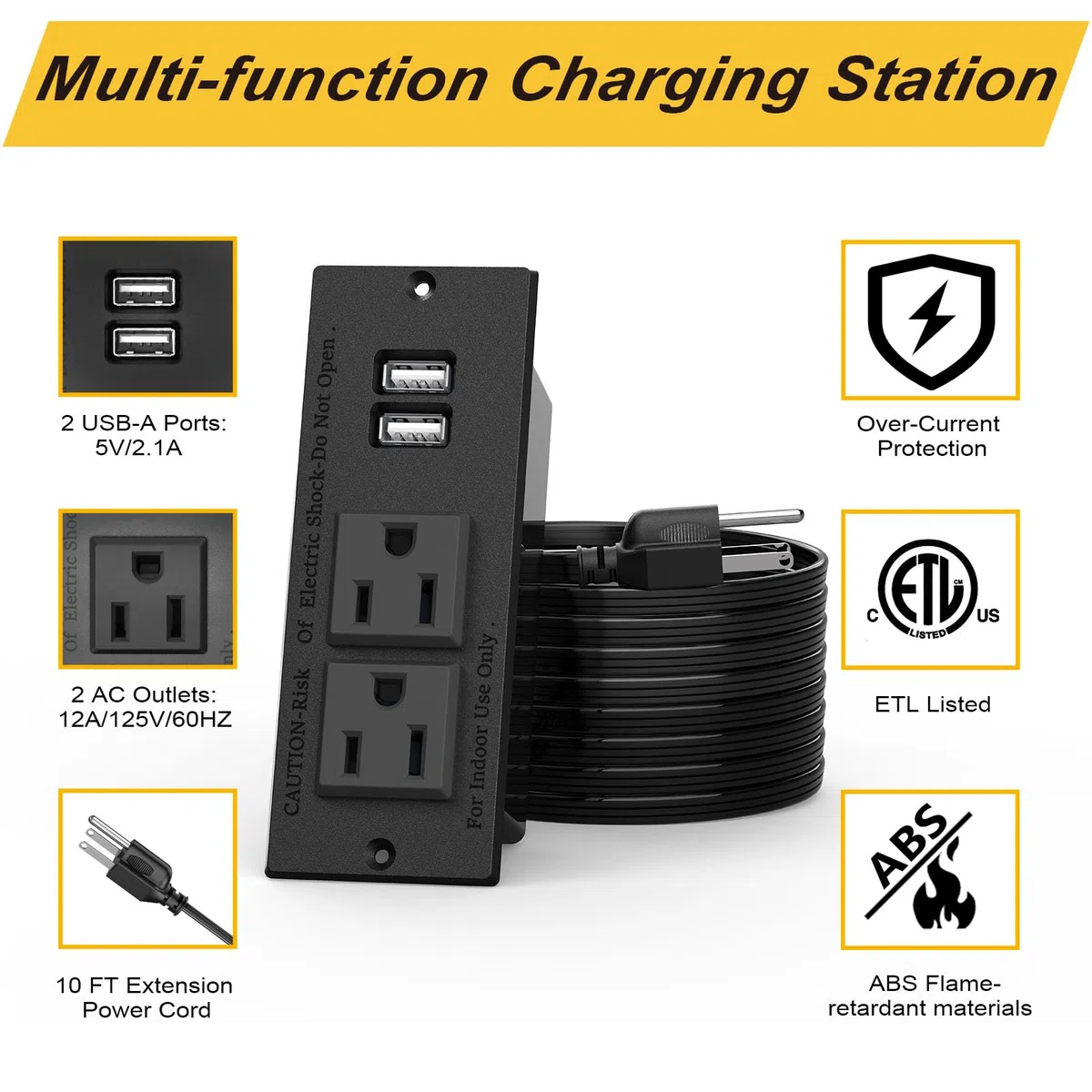 Kungfuking Desktop Power Grommet Conference Podtynkowy zasilacz biurkowy 2 gniazda i 2 porty USB Kabel przedłużający 9,85 stopy