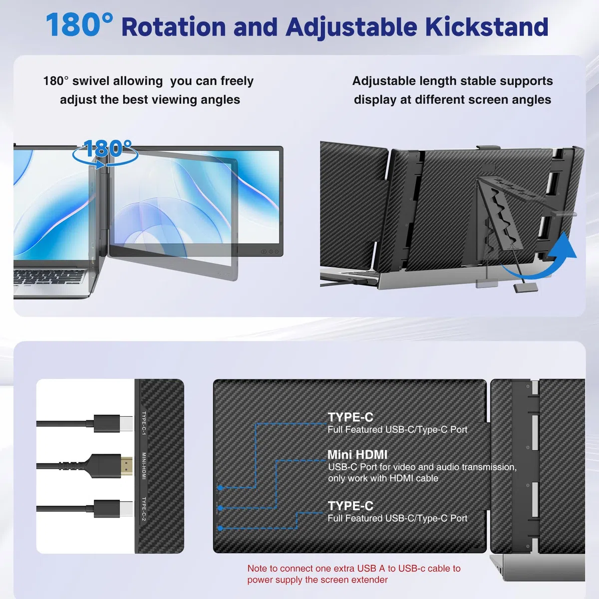 Rozszerzenie ekranu laptopa, podwójne rozszerzenie ekranu IPS FHD 1080P 14„, przenośny monitor do laptopów 13-17,3”, podwójny ekran Plug & Play dla Windows/Mac z portem USB C/HDMI