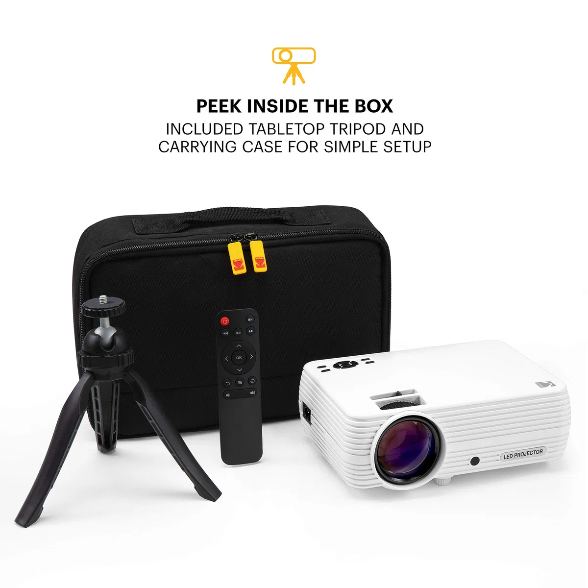 KODAK Projektor domowy FLIK X7 (Max 1080p HD) ze statywem i obudową w zestawie | kompaktowy, projekty do 150 cali z rodzimą rozdzielczością 720p i 30 000 godzin, lumenowa lampa LED