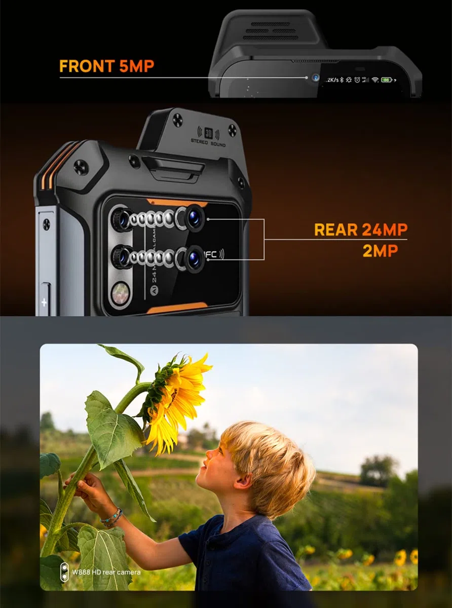 UNIWA W888 Zello Walkie Talkie 6,3" ekran dotykowy, ośmiordzeniowy procesor, 4 GB RAM, 64 GB ROM, zdejmowany, 5000 mAh, wersja globalna, smartfon 4G, Android 11, NFC, pomarańczowy