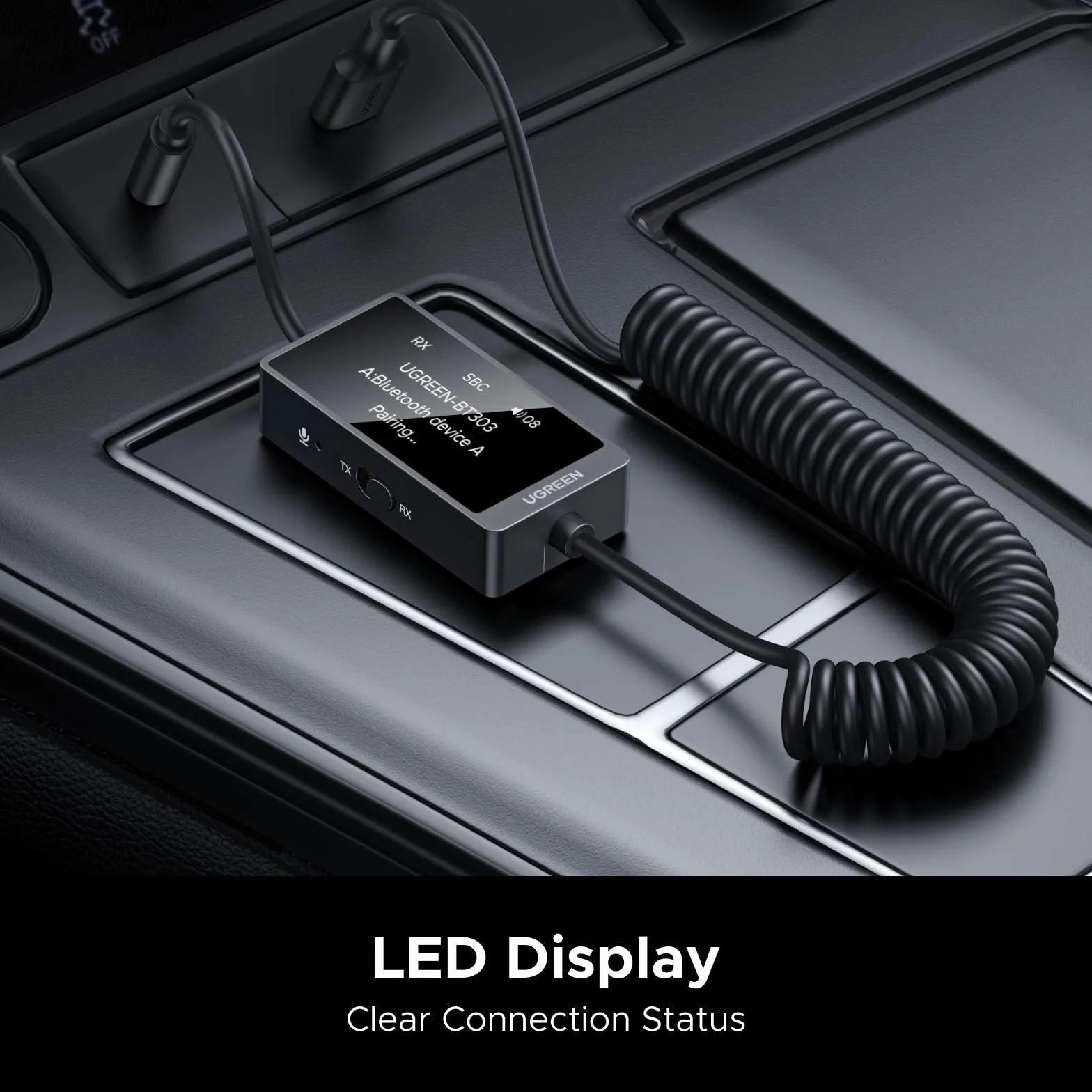 UGREEN Aux Bluetooth Adapter do samochodu 2w1 Jack Bluetooth Adapter z wyświetlaczem LED Odbiornik nadajnika Bluetooth do 2słuchawek, stereo, TV Odbiornik nadajnika Bluetooth do telefonu komórkowego