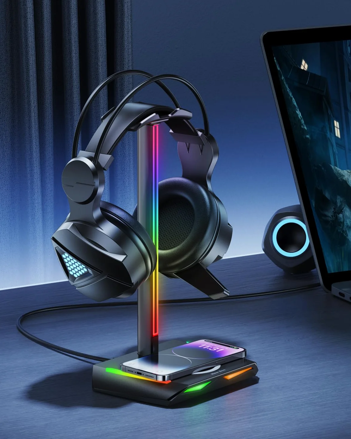 New Bee RGB stojak na słuchawki z ładowarką bezprzewodową, stojak na słuchawki gamingowe, uchwyt na słuchawki bezprzewodowe z funkcją ładowania bezprzewodowego z 1*USB 2*Typ-C 11 trybów efektów