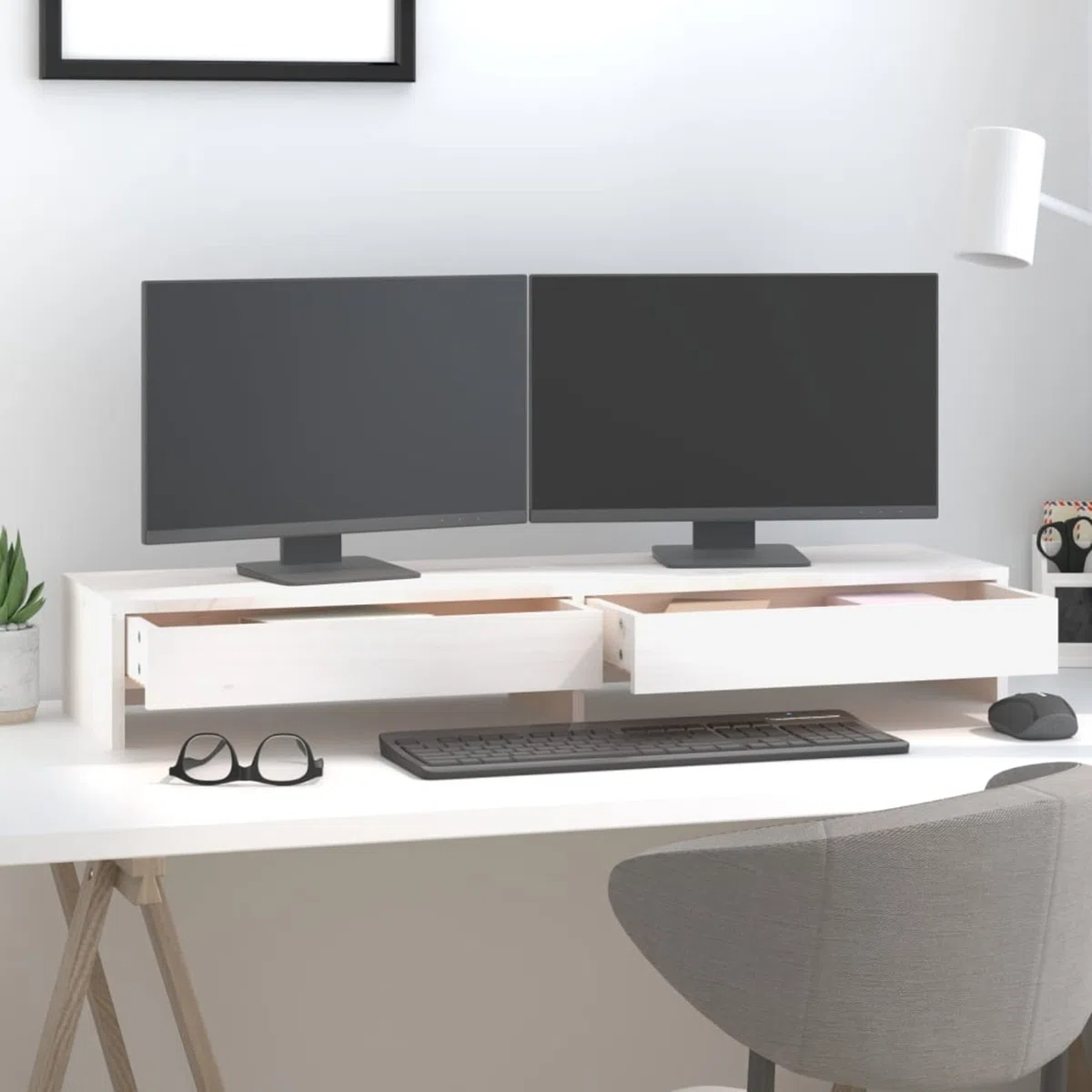ShGaxin Stojak na monitor, stojak na ekran komputera, akcesoria biurowe, stojak na monitor biurko, podstawa monitora, akcesoria biurkowe, lite drewno sosnowe białe 100 x 27 x 15 cm