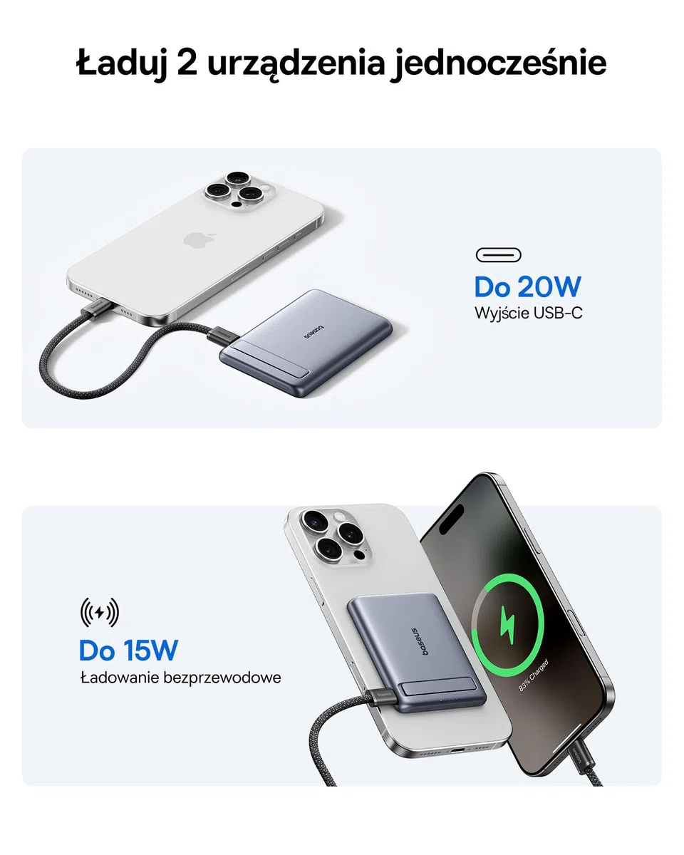 Baseus Mini MagSafe Powerbank 5000mAh Qi2 z certyfikatem ze składaną podstawką, PD 20W Magnetic Power Bank USB C Bezprzewodowy powerbank Kompatybilny z iPhone 16/15/14/13 / 12 / Pro/Pro Max Series,