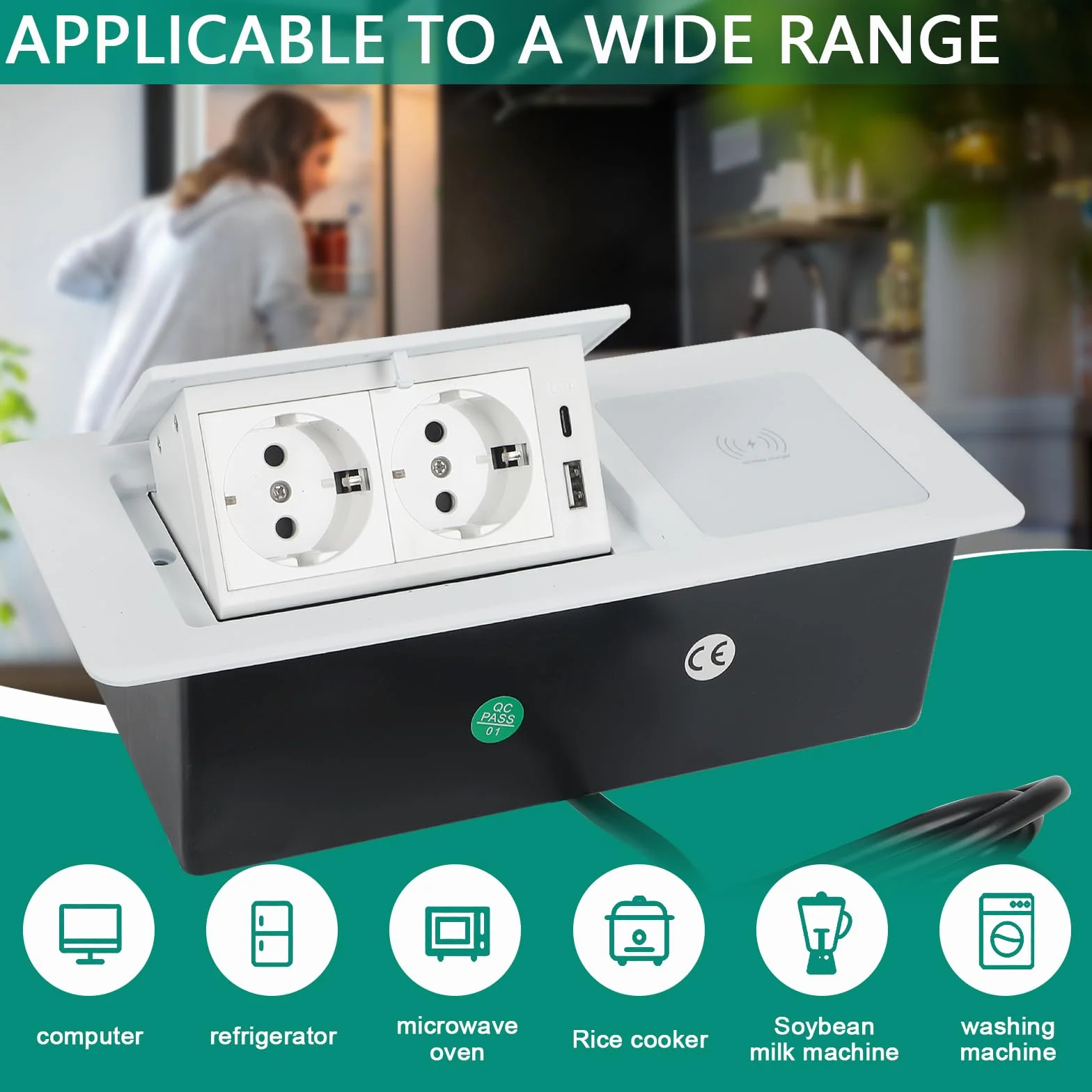 Wysuwane gniazdko elektryczne, 2 gniazda wtykowe do zabudowy, z USB i bezprzewodową ładowarką 15 W, typ C, 20 W, szybkie ładowanie, gniazdko stołowe, do biura, blatu roboczego (białe)