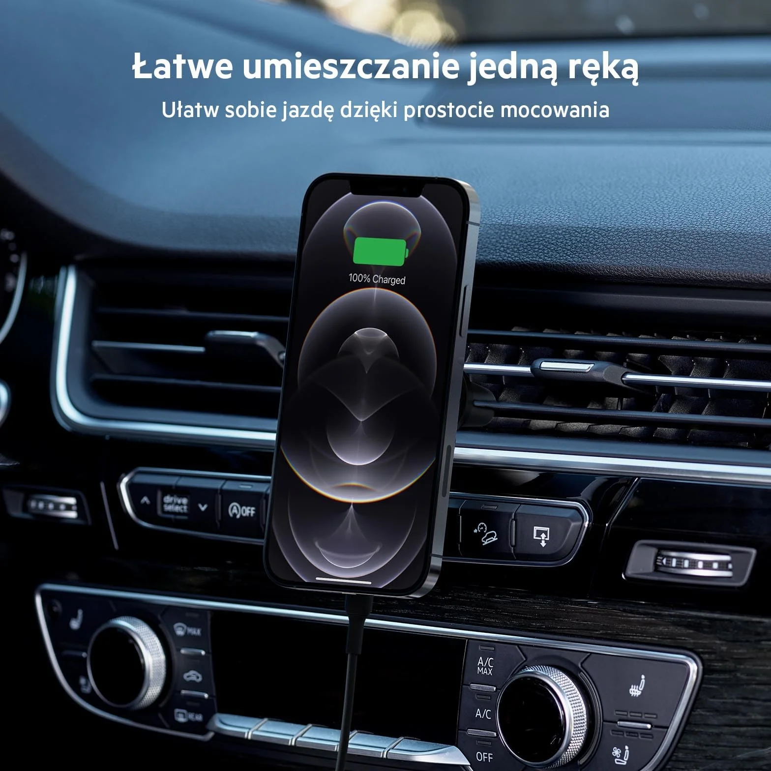 Belkin BoostCharge Magnetyczny uchwyt z ładowarką bezprzewodową zgodny z obsługującymi MagSafe telefonami