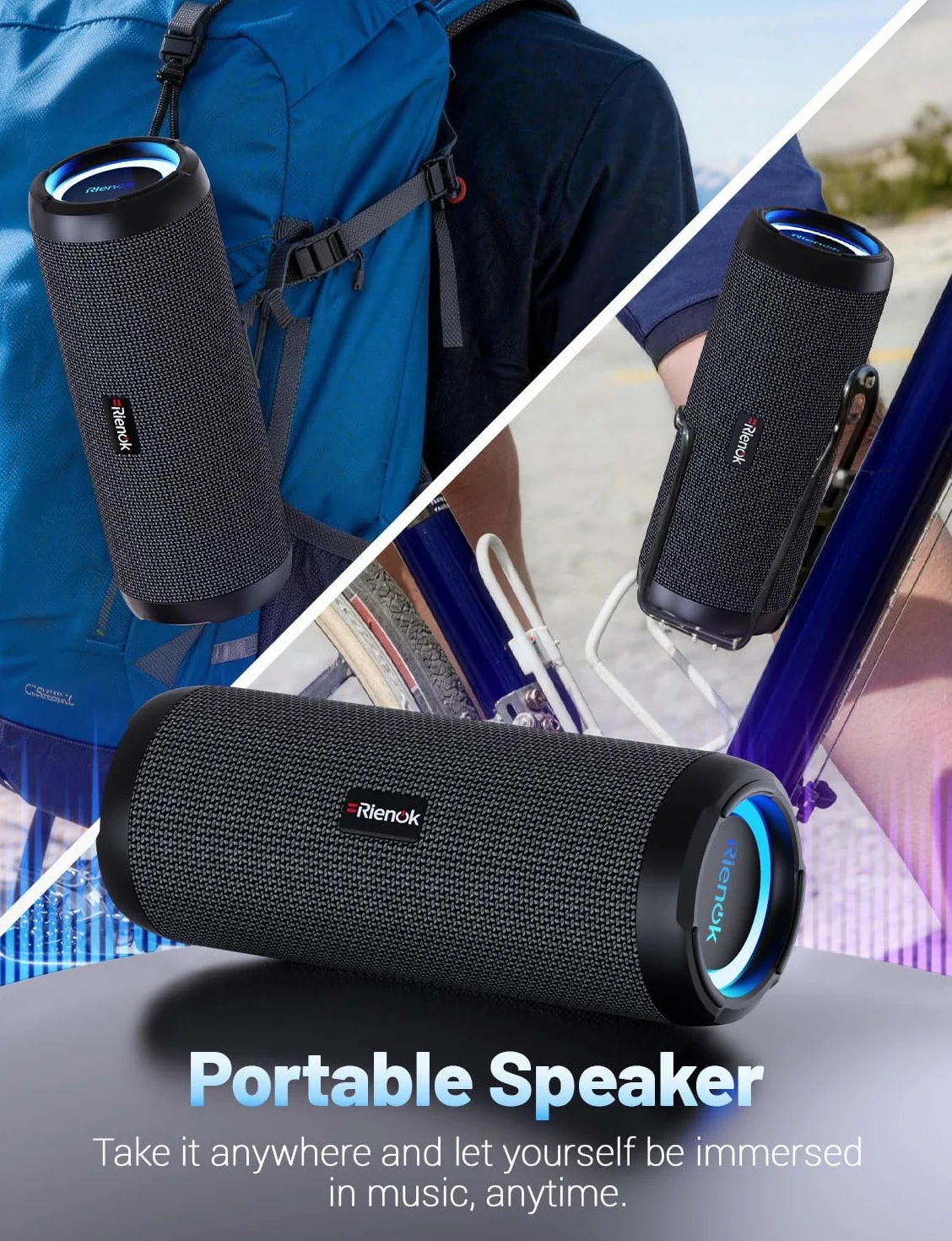 RIENOK Głośnik Bluetooth ze światłem, Bluetooth 5.3, głośnik basowy, bezprzewodowy, z wodoszczelnością IPX7, dźwięk stereo, przenośny