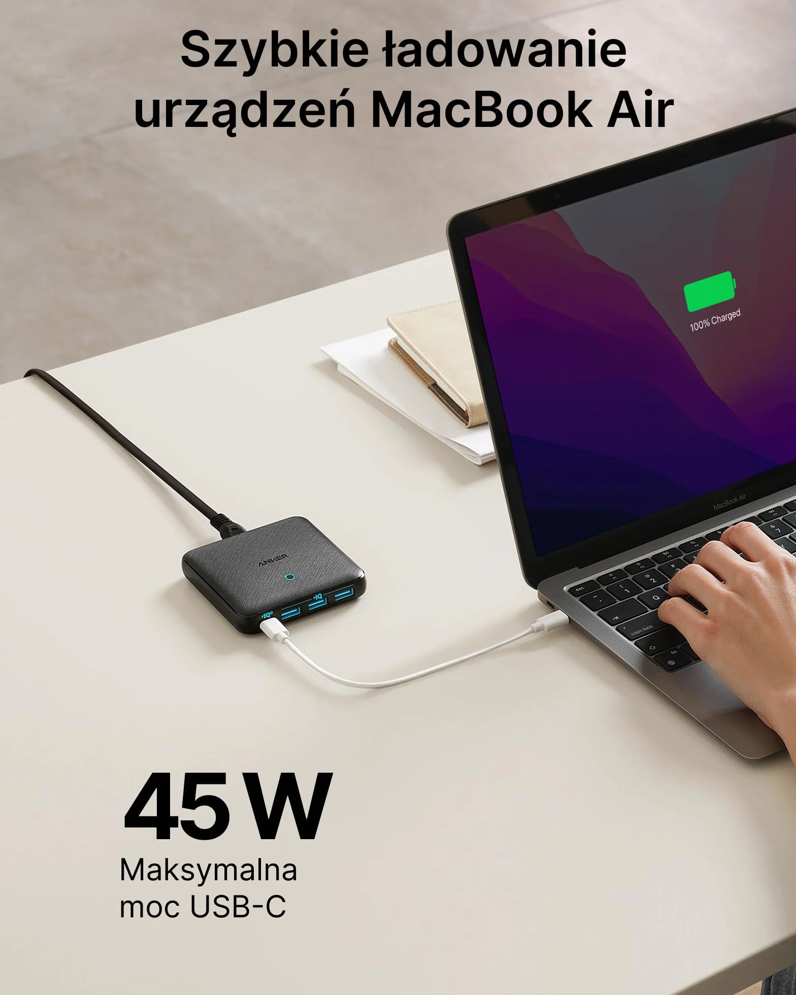 Ładowarka Anker, stacja ładująca 65 W z 4 portami, szybka ładowarka USB PIQ 3.0 i GaN, smukła ładowarka ścienna PowerPort Atom III – port USB C 45 W