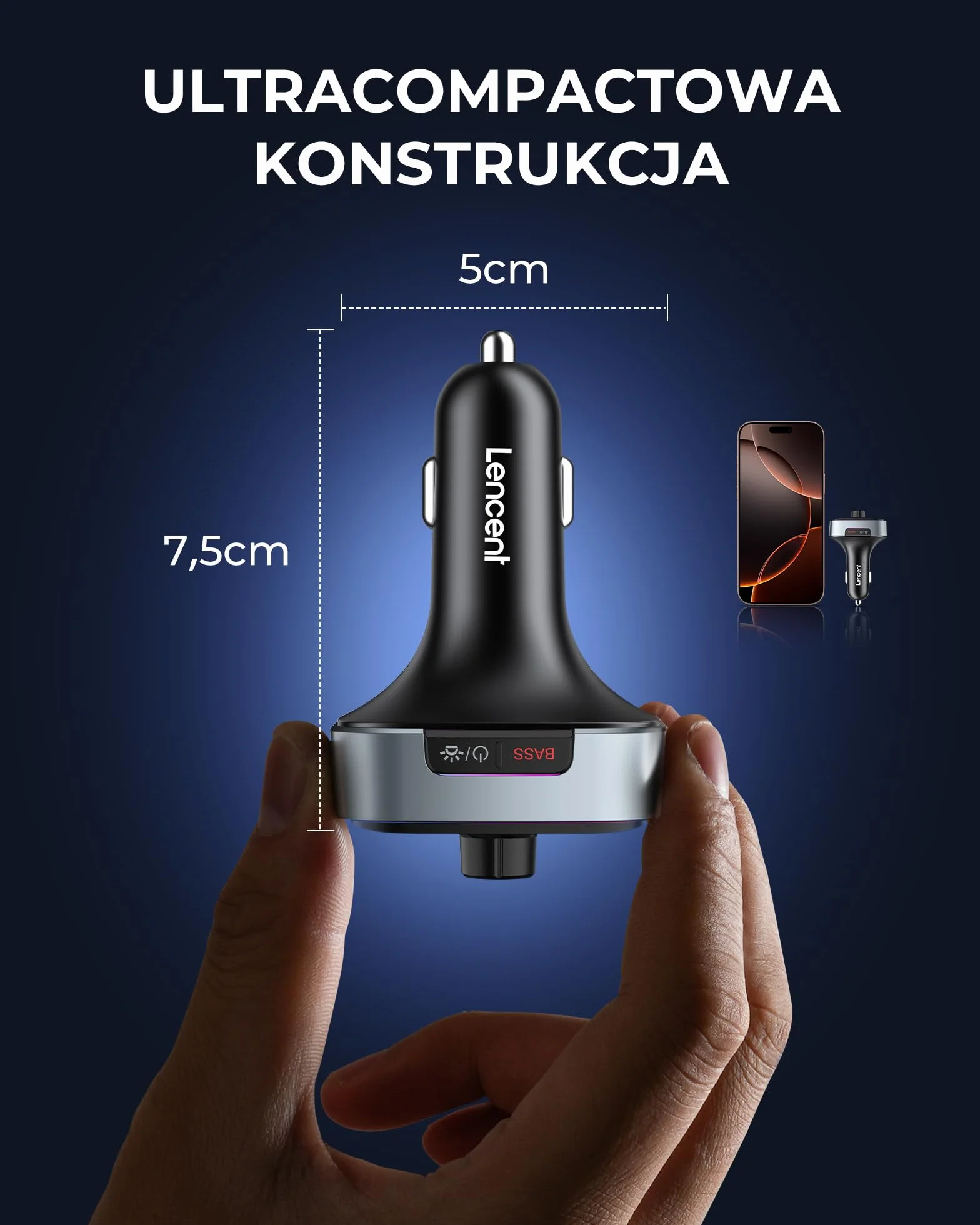 LENCENT Nadajnik FM Bluetooth 5.4 60 W Szybkie Ładowanie 2 USB-C PD 30 W Hi-Fi Głęboki Bas LED