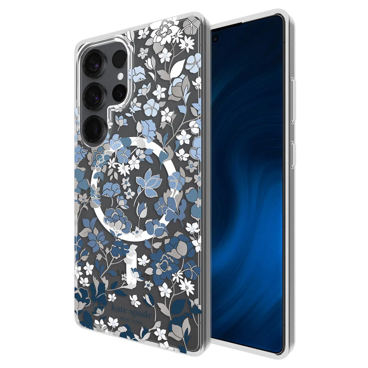kate spade new york Etui na telefon Samsung Galaxy S25 Ultra - [ładowanie magnetyczne i bezprzewodowe] - designerskie etui na telefon - kwietnik niebieskie kamienie