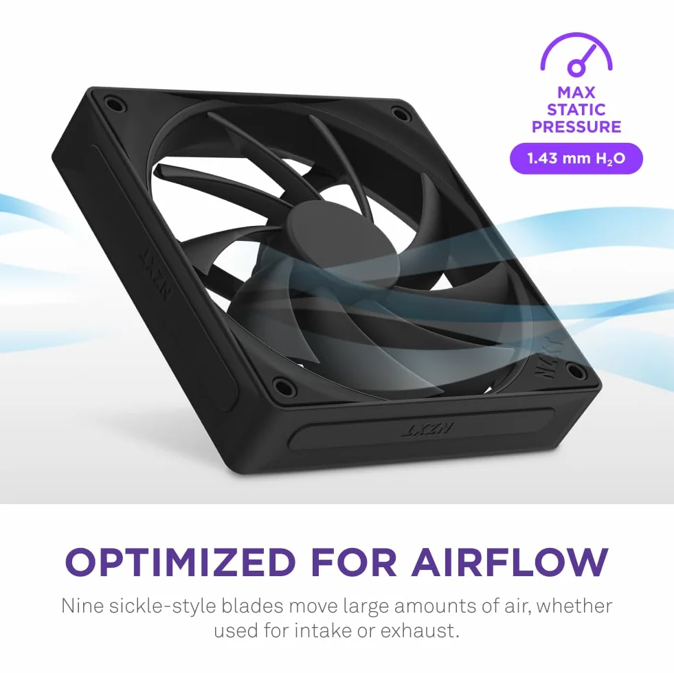 NZXT F120Q | 120mm Cichy wentylator do obudowy PC | Wlot lub wylot | Fazowana rama dla skoncentrowanego powietrza | Płynne łożyska dynamiczne | Niski poziom hałasu | Sterowanie PWM | Czarny