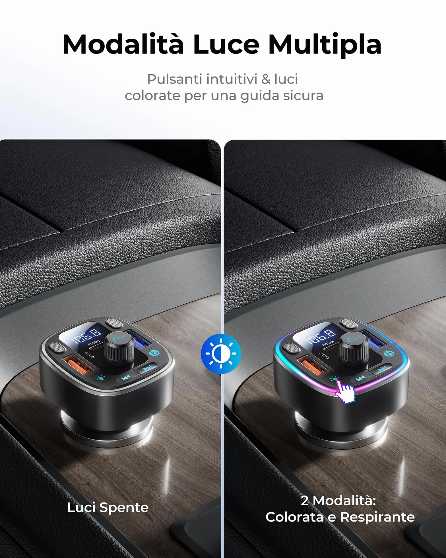 LENCENT Samochodowy transmiter FM Bluetooth 5.4, 54 W, samochodowy adapter Bluetooth, podwójne porty USB szybkie ładowanie (PD 36 W i QC3.0), adapter muzyczny, zestaw głośnomówiący, podwójny mikrofon