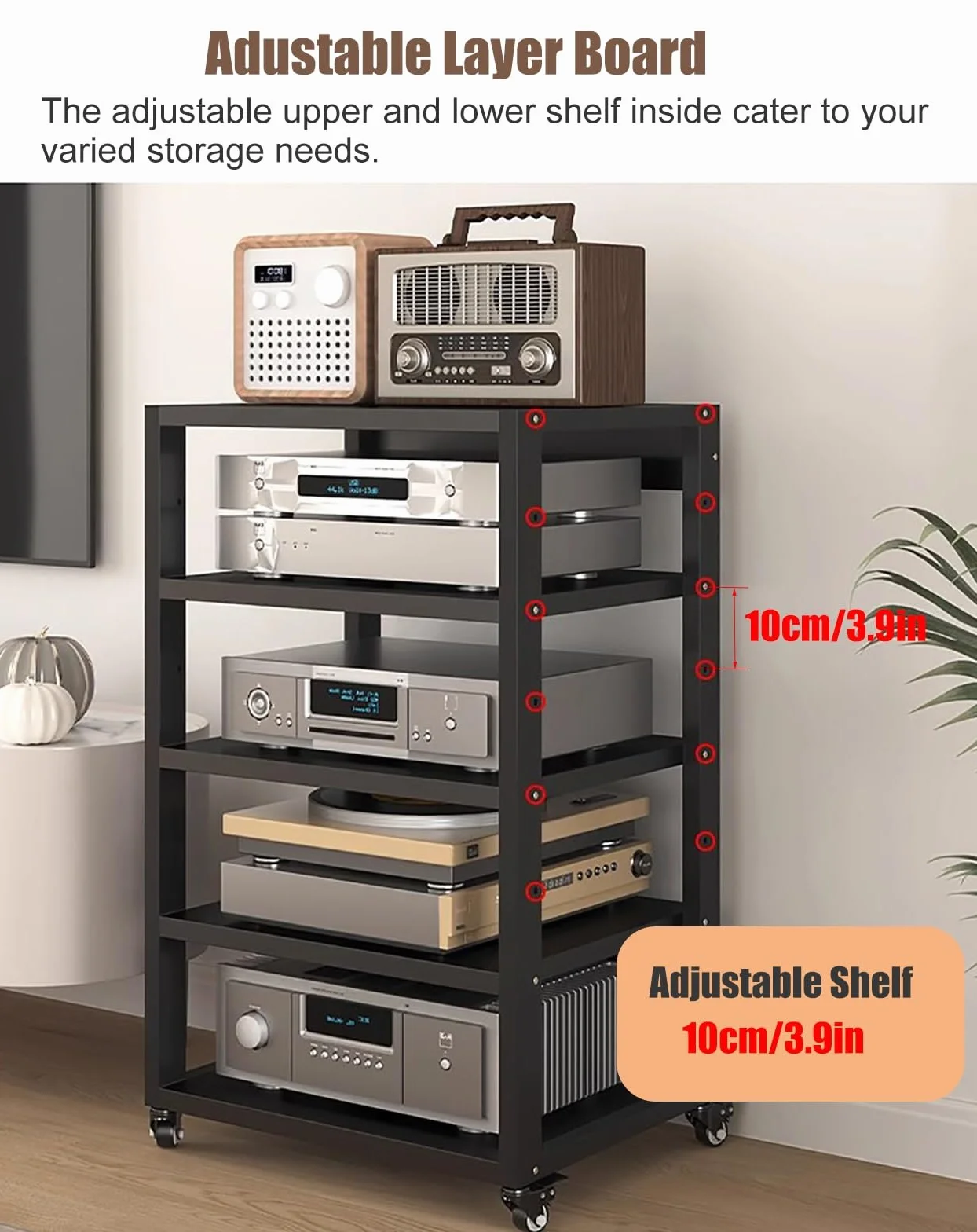 Stojak Na Sprzęt Audio/Wideo, 2, 3, 4, 5 Poziomów, Jezdny Stojak Na Sprzęt Audio/Wideo Z Regulowaną Wysokością Półki I Kółkami, Stojak Na Sprzęt Stereo Do Salonu, Organizer Na Sprzęt Audio/Wideo, Wys