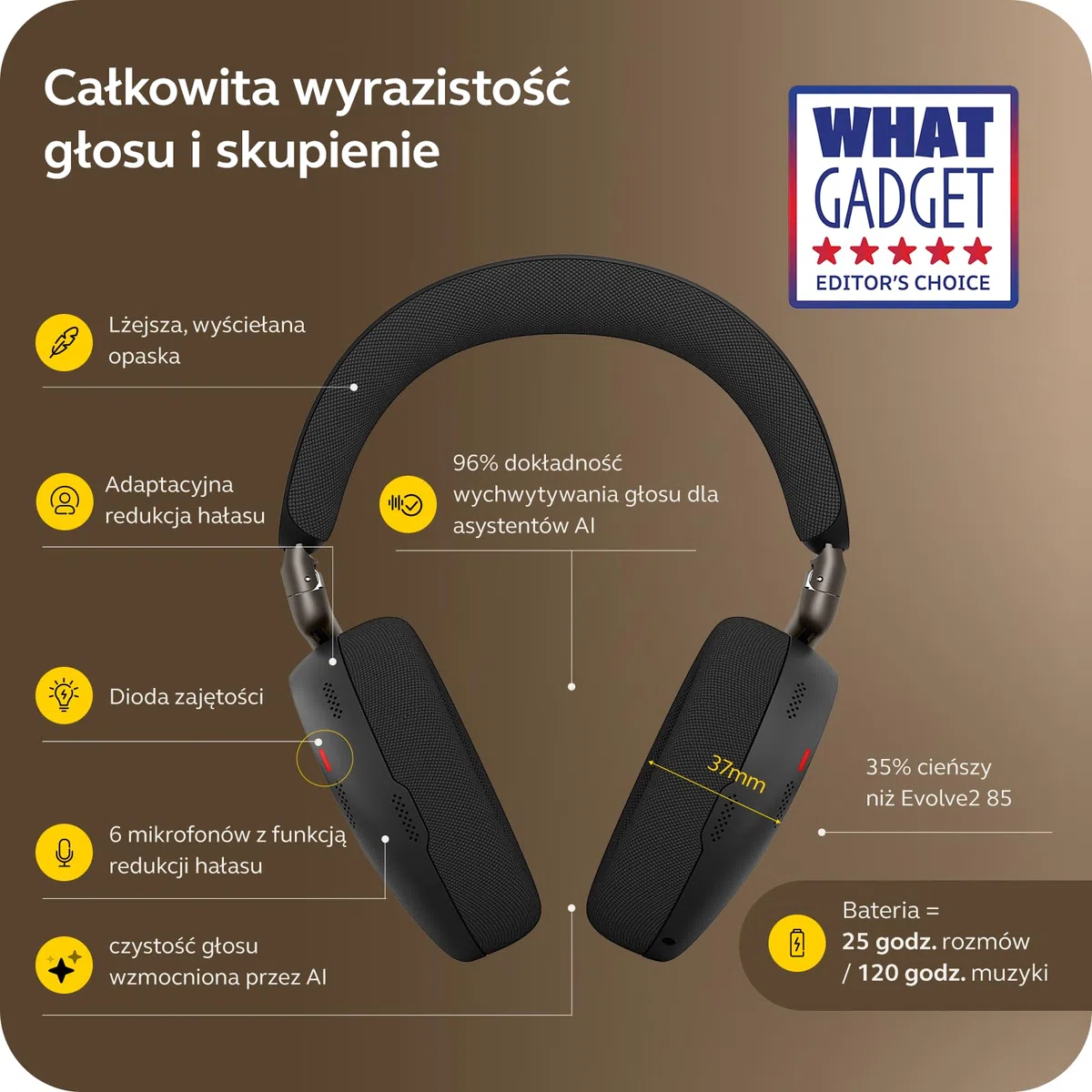Jabra Evolve3 85 Bezprzewodowy Zestaw Słuchawkowy Bluetooth Nauszny, Czarny | Z Mikrofonem do Pracy, USB-C, AI Połączenia, Adaptacyjna Aktywna Redukcja Szumów, 25h Bateria, do Aplikacji Meetingowych