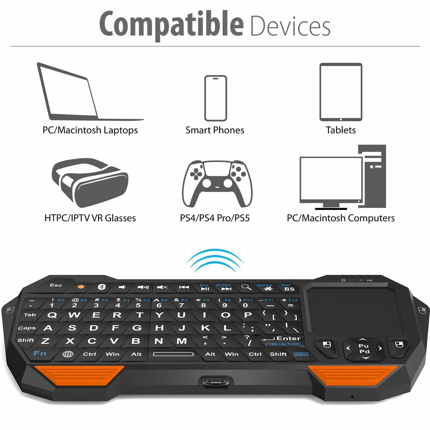 Fosmon Mini Klawiatura Bluetooth z Panelem Dotykowym (QWERTY) Ładowanie USB-C - Do Smart TV, Android TV Box, Fire Stick, PS5, Gamingowy, Smartfon, Tablet, HTPC/IPTV, okularami VR