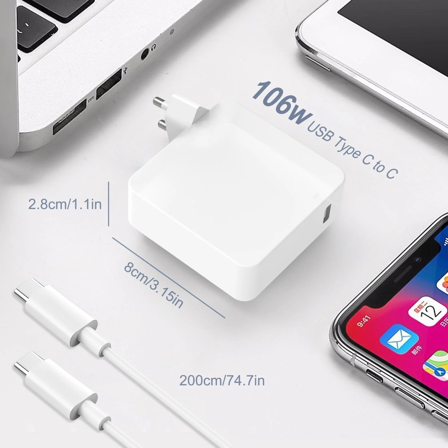 USB C Ładowarka 106W Szybka Zasilacz Kompatybilny z MacBook Pro 16/15/14/13, Mac Book Air 13/15, iPad Pro 2022/2021/2020/2019/2018, Kabel USB C 2M