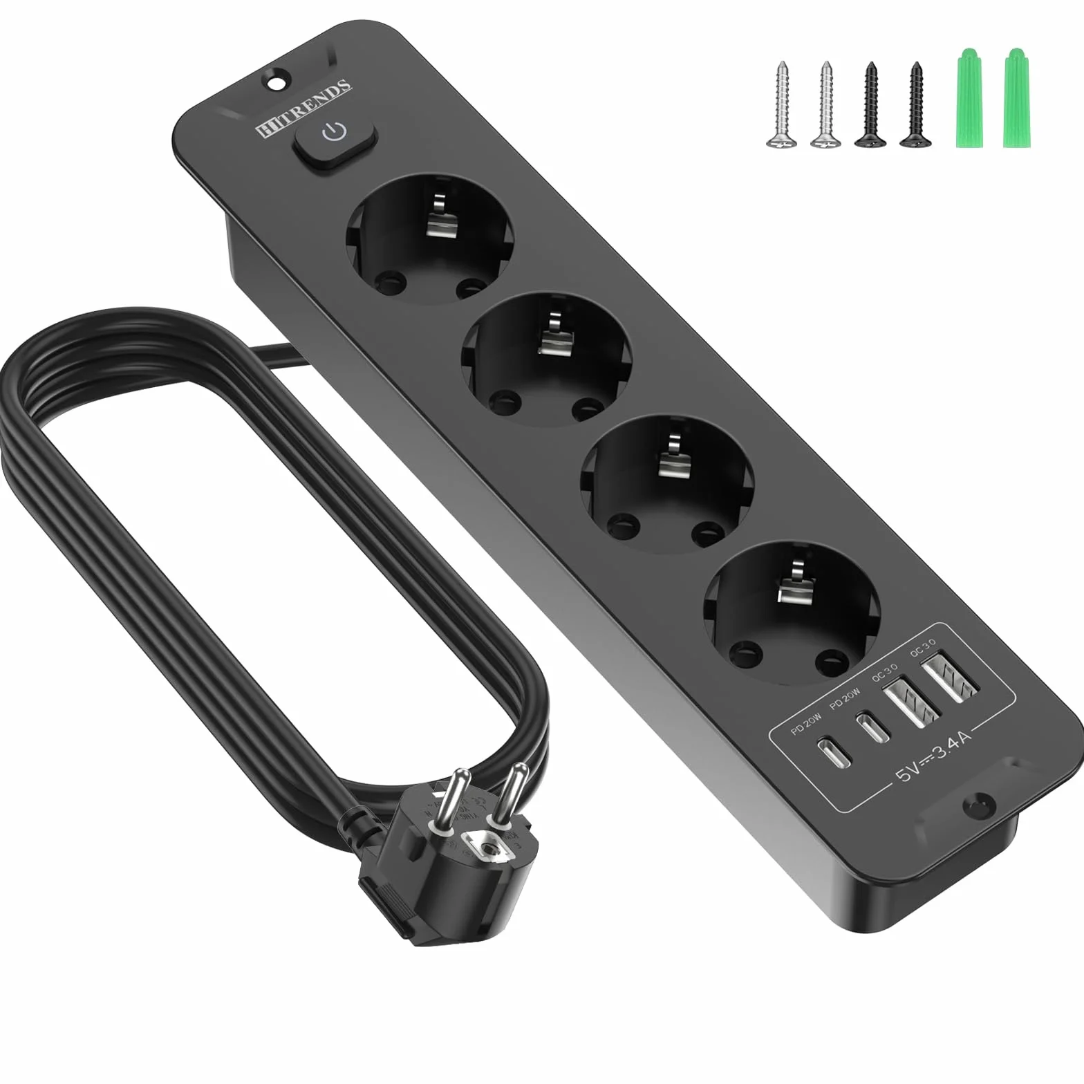 Wysuwane gniazdo wtykowe z 4 gniazdami, listwa zasilająca do zabudowy z 2 USB, gniazdo wtykowe z 2 gniazdami USB C, blat stołu, wpuszczane gniazdko – kabel 2 m, kolor czarny