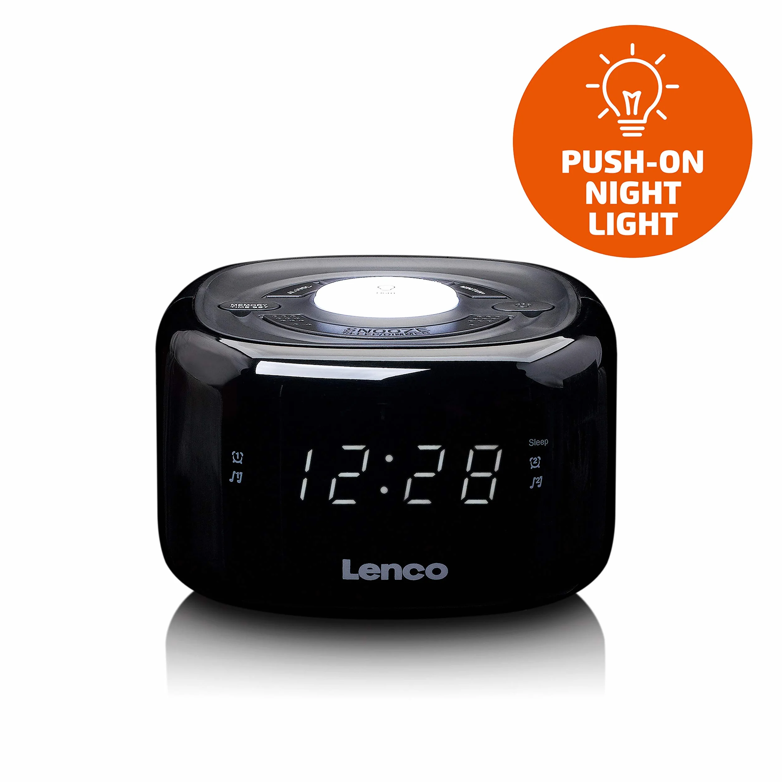 Lenco CR-12 radio zegarowe – budzik z funkcją światła nocnego – Easy Snooze – timer uśpienia – dwa czasy budzenia – 20 stacji – regulowana regulacja jasności – czarny, 117 x 117 x 71 mm