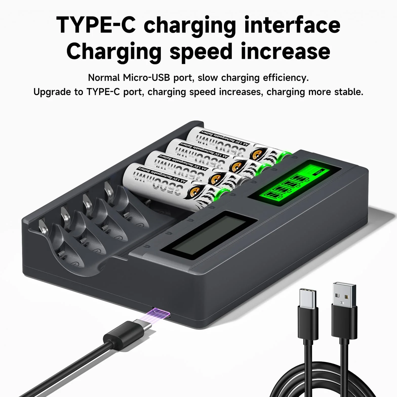 Bateria litowa 1,5 V 3600 mWh AA z ładowarką, 8 gniazdami USB C, niezależne ładowanie, inteligentna, szybka ładowarka LCD, z 8 bateriami AA