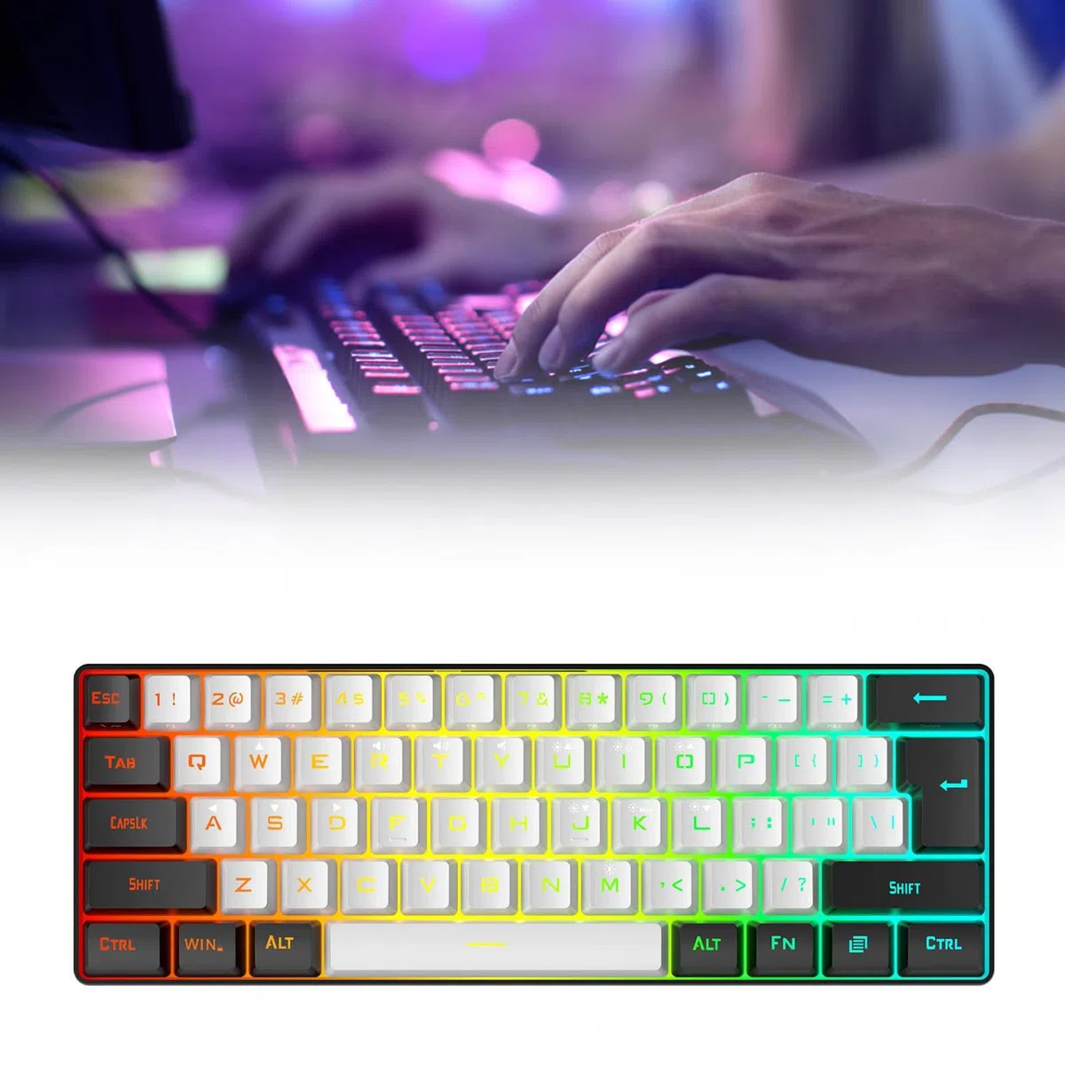 Mechaniczna klawiatura do gier, 61 klawiszy, 60% kompaktowa klawiatura do gier z 7-kolorowym podświetleniem RGB, przewodowa klawiatura USB do laptopa stacjonarnego i podróżna (czarno-biała) (biał