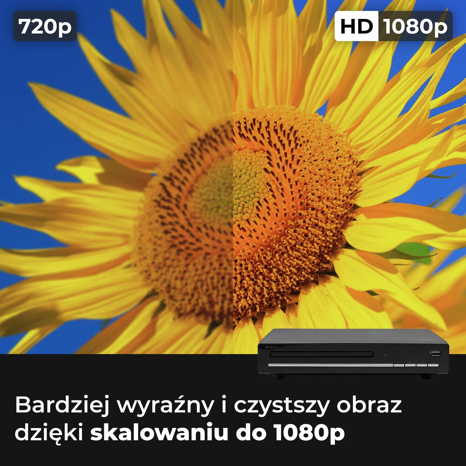 Denver DVH7787 Odtwarzacz DVD Do Telewizora, HDMI, Mini, Wszystkie Regiony, 1080p Upscaling, Dolby Digital, USB, Coax, Scart, Czarny