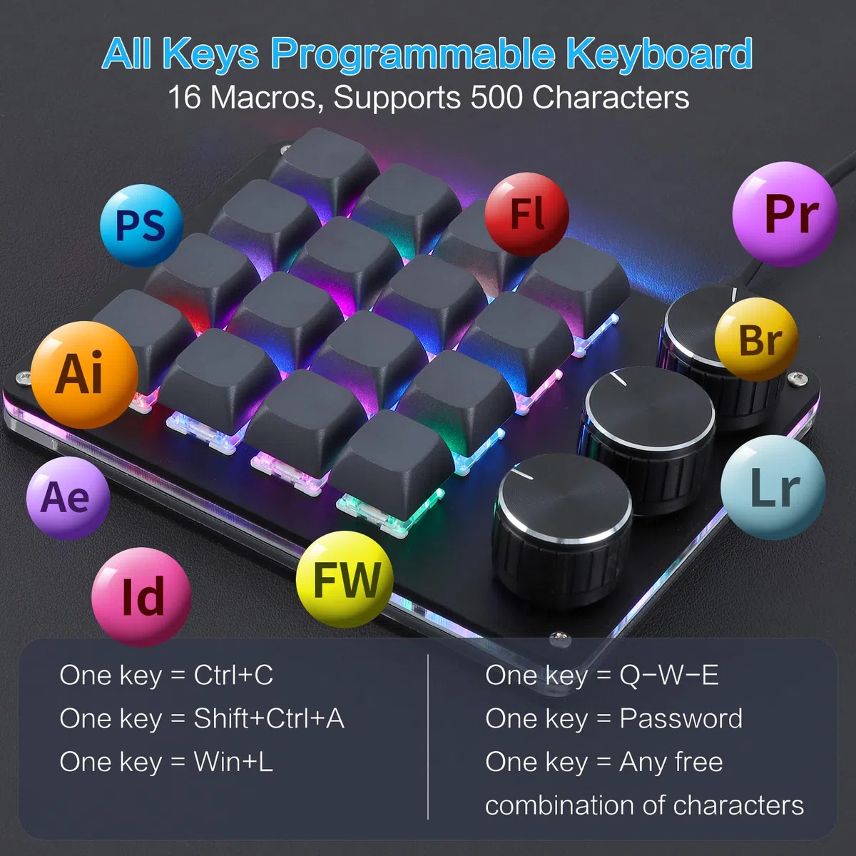 Koolertron Programowana klawiatura 16 przycisków, przenośna mini klawiatura z 3 pokrętłami, w pełni konfigurowalna klawiatura makro z podświetleniem RGB, 6 poziomów regulacji, klawiatura gamingowa do