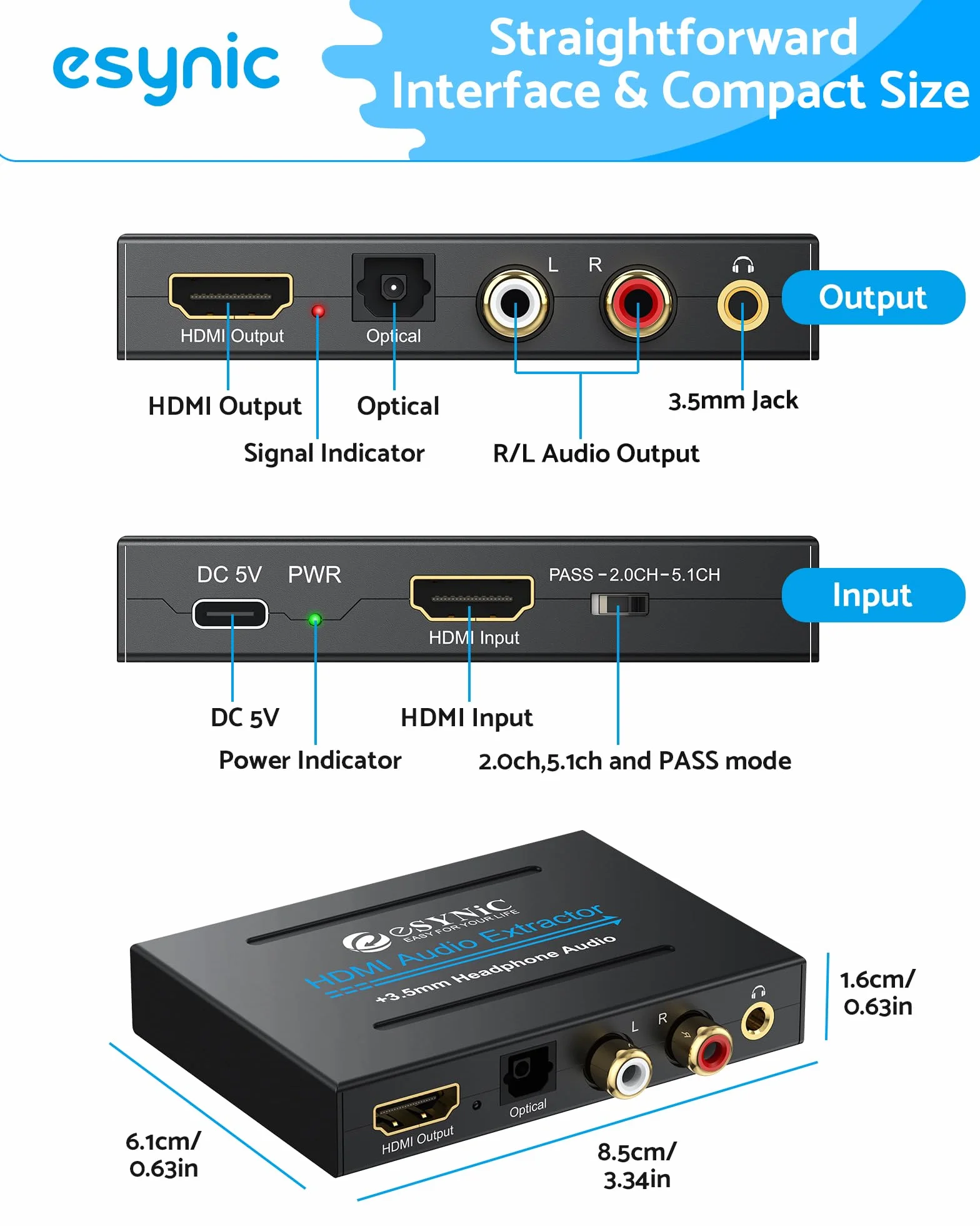 eSynic Profesjonalny ekstraktor HDMI audio, adapter optyczny 4K HDMI, rozdzielacz audio z SPDIF, L/R i wyjściem 3,5 mm do PCM2.0, Dolby, DTS5.1