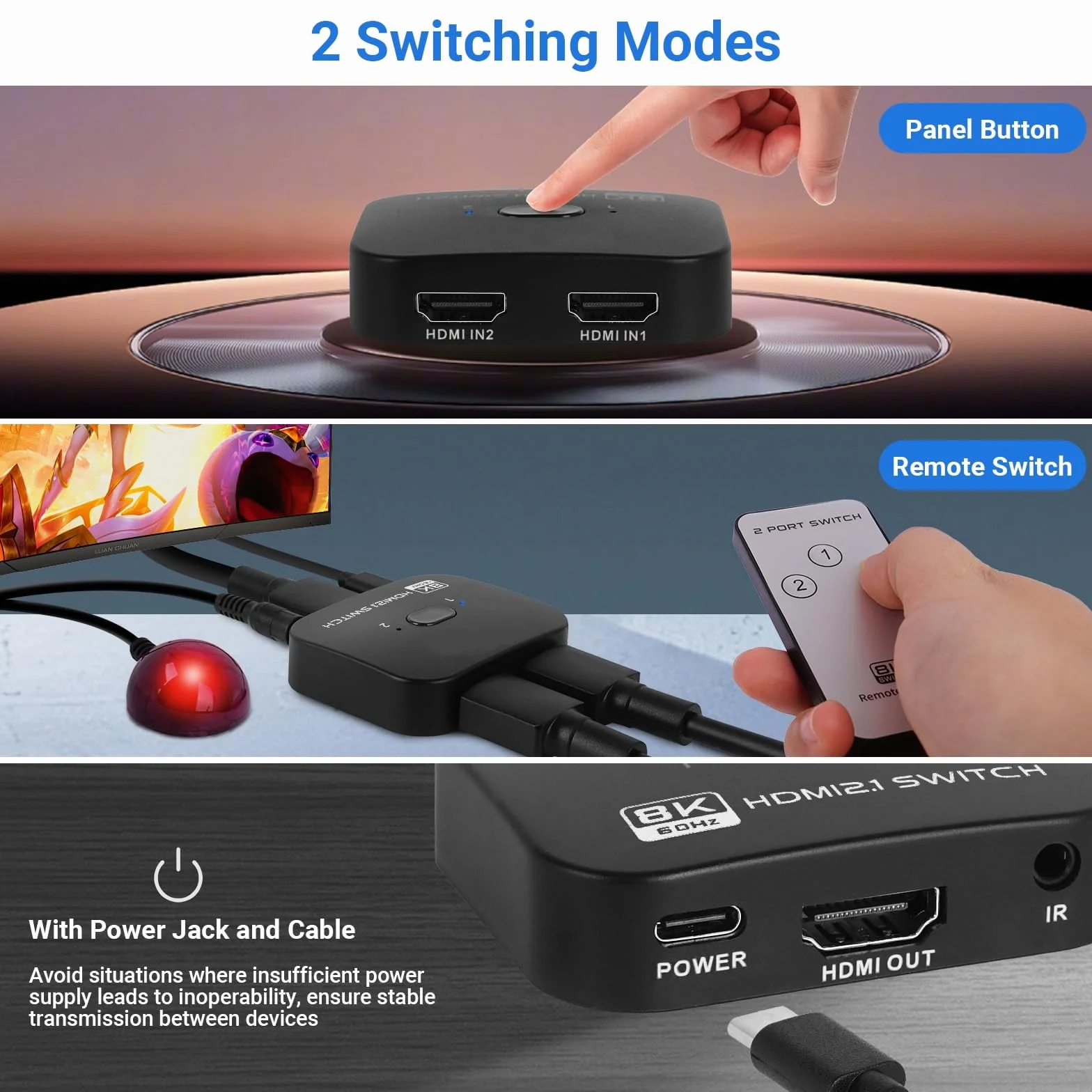 Przełącznik HDMI 8K 60Hz 4K 120Hz 2 w 1 rozdzielacz HDMI 1 w 2 z kablem zasilającym