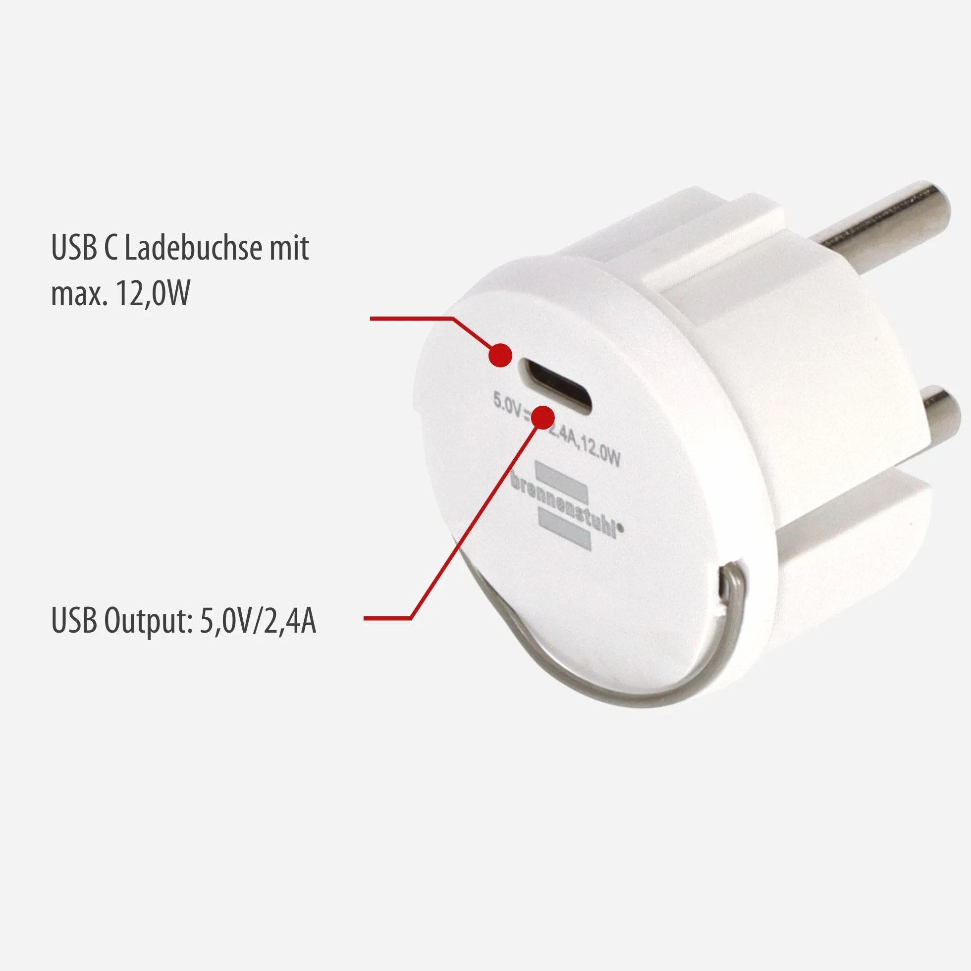 Brennenstuhl Adapter gniazda USB C (ładowarka USB do podłączenia do gniazda, 2,4 A, kompatybilna z gniazdami IP44 i przedłużacz bębnowy Brennenstuhl, płaska konstrukcja)