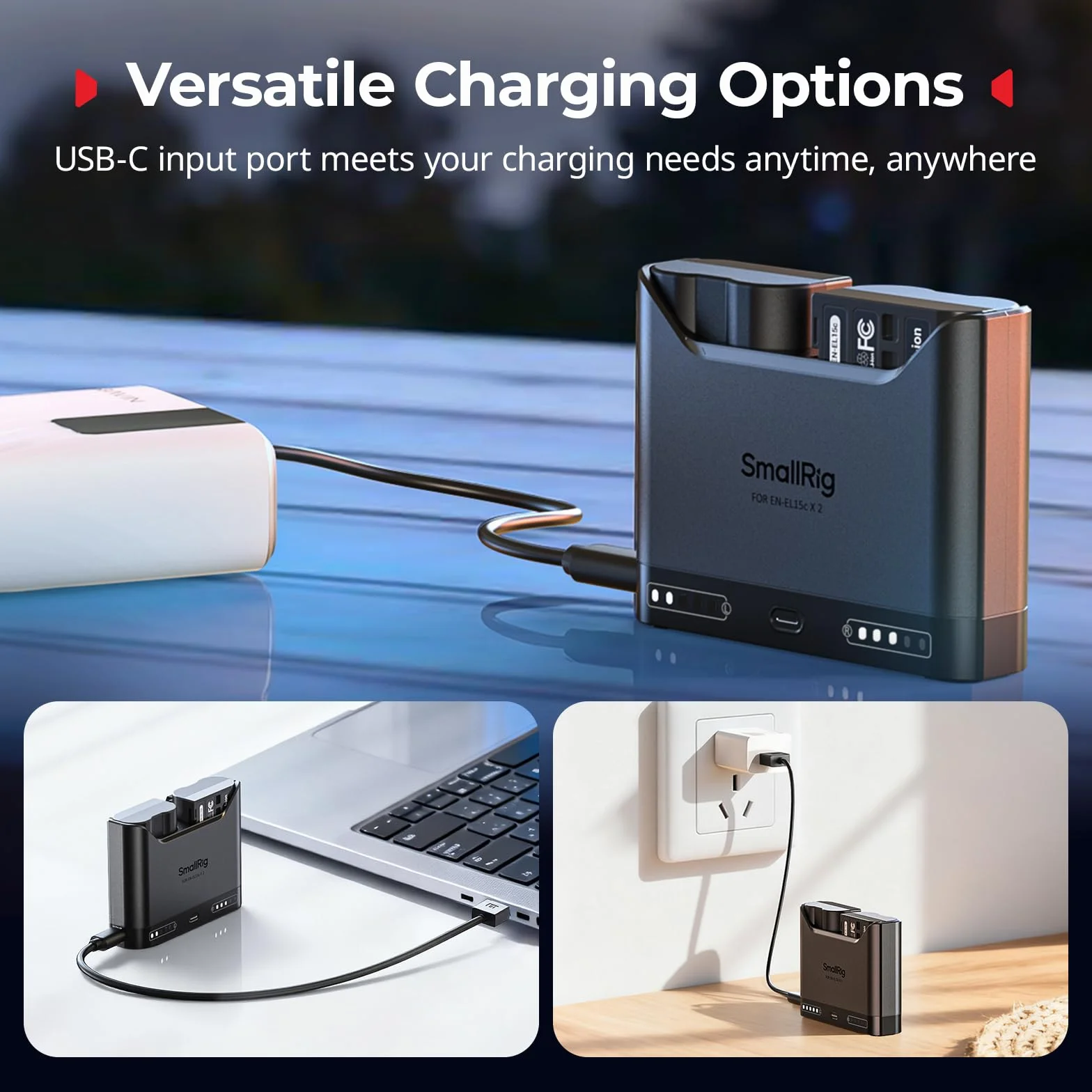 SMALLRIG Ładowarka akumulatorów EN-EL15c do Nikon, 2-godzinna, dwie ładowarki, USB-C 22,5W, kompatybilna ZR, Z6III, Zf, Z8, Z7II, Z7, Z6II, Z6, D850, D810