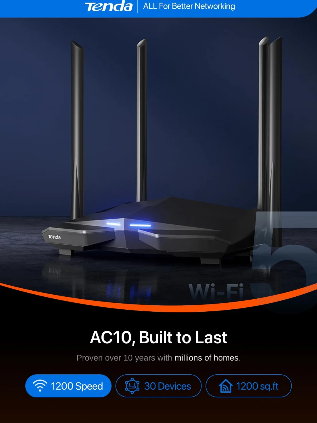 Tenda AC10-1200 MBit/s dwupasmowy router Wi-Fi (867 Mbit/s 5 GHz + 300 Mbit/s 2,4 GHz, 4 x porty Gigabit, Gigabit WAN, MU-MIMO, Beamforming+, IPTV, 4x anteny 5dbi)