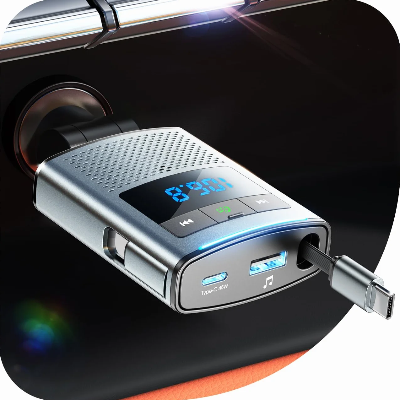 JOYROOM 90W Bluetooth 5.4 Adapter do samochodu,【100 cm wciągany kabel】 24V/12V USB C & nadajnik FM, 24V/12V adapter USB do samochodu z zestawem głośnomówiącym, akcesoria samochodowe dla iPhone 17