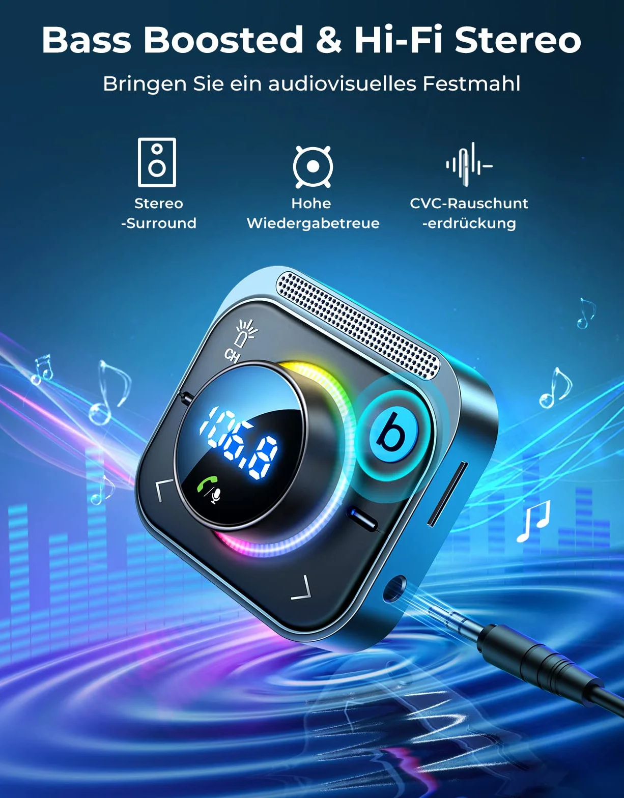 JOYROOM 96 W Bluetooth 5.4 adapter samochodowy (60 W PD i 2 x 18 W QC 3.0) transmiter muzyki FM Auto Bluetooth 【Bass Boosted & Hi-Fi】Zestaw głośnomówiący, ładowarka samochodowa, obsługa gniazda