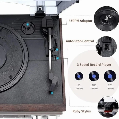 Odtwarzacz płyt Bluetooth w stylu retro z wbudowanymi głośnikami – 3-biegowy gramofon vintage, odtwarzacz CD i kasetowy, konstrukcja o niskim poziomie hałasu, matowa osłona przeciwpyłowa, idealna do