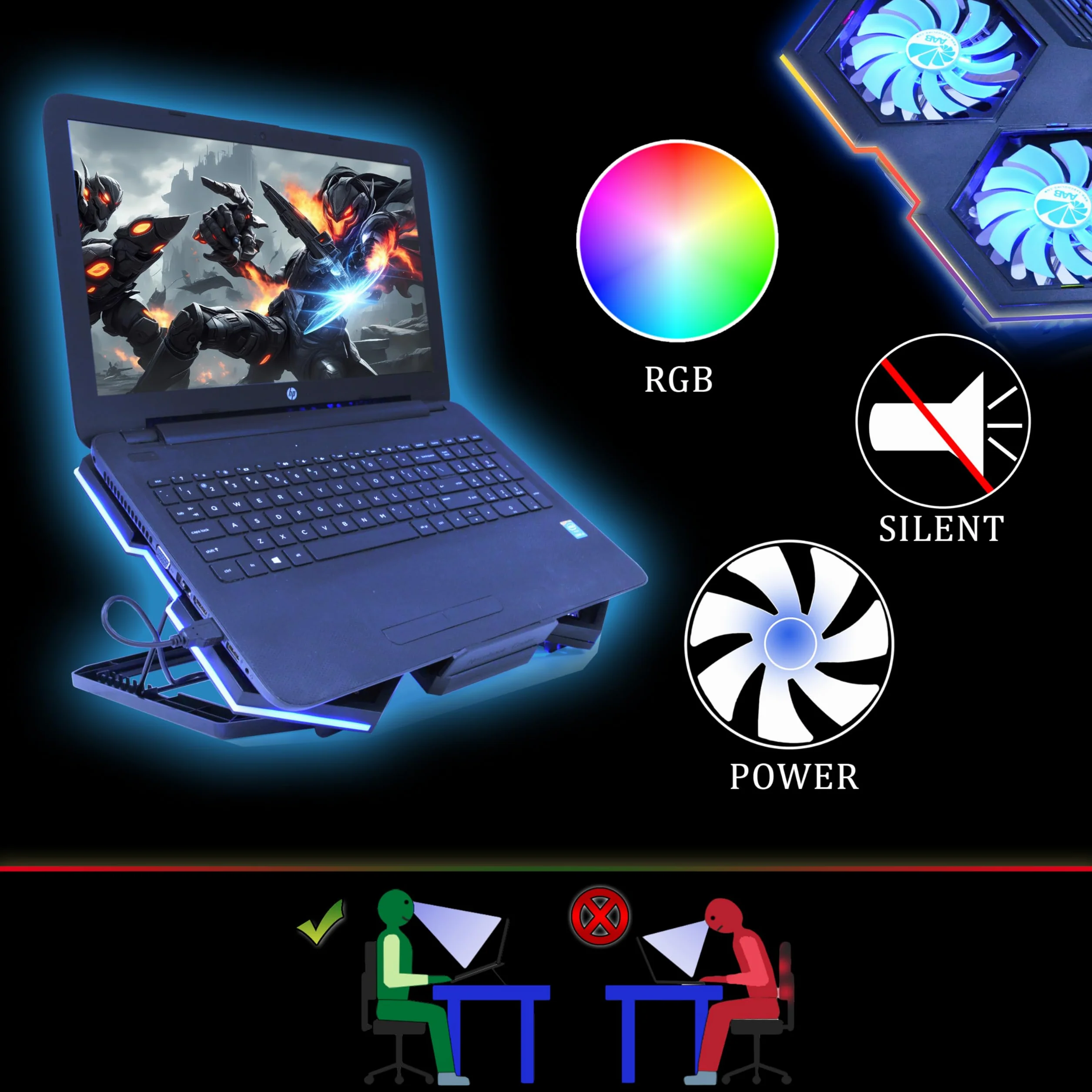 AABCOOLING Hurricane Podstawka chłodząca z 6 wentylatorami, solidna, chłodzenie notebooka, wydajność i niski poziom hałasu, podstawa do laptopa 15,6~17", 7-stopniowy kąt nachylenia, podświetlenie RGB