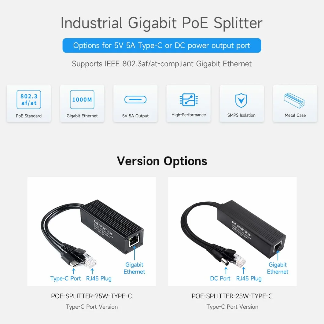 Waveshare Industrial Gigabit PoE Splitter, 5V 5A Type-C Output Port, Onboard MPS Control Chip