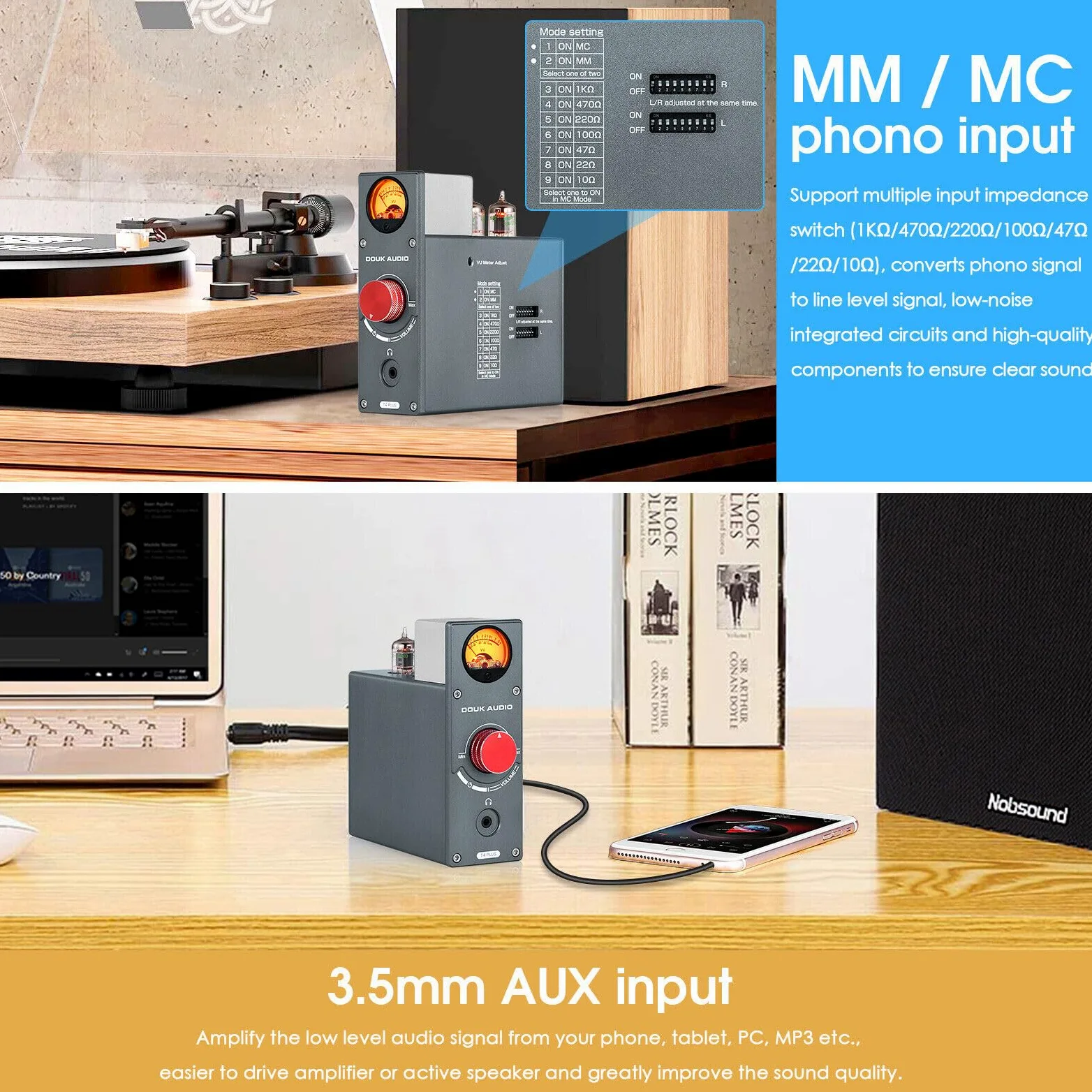 Douk Audio T4 PLUS HiFi JAN5654 przedwzmacniacz lampowy MM/MC przedwzmacniacz gramofonowy do gramofonu mini przedwzmacniacz stereo wzmacniacz słuchawkowy z miernikiem VU przedwzmacniacz lampowy