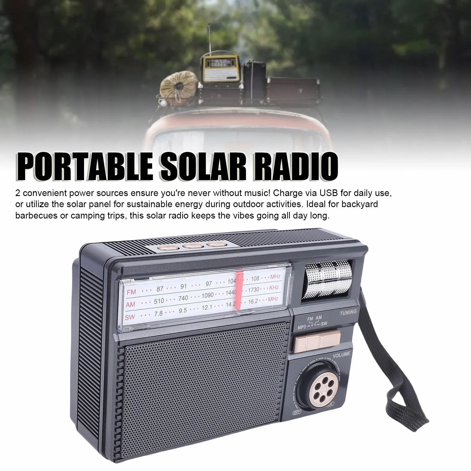 Gugxiom Solarne Radio Bluetooth, Przenośne Radio AM FM SW z Panelem Słonecznym, Akumulatorowy Głośnik Zewnętrzny na Kemping, Obsługa Odtwarzania Kart USB/TF (BLACK)